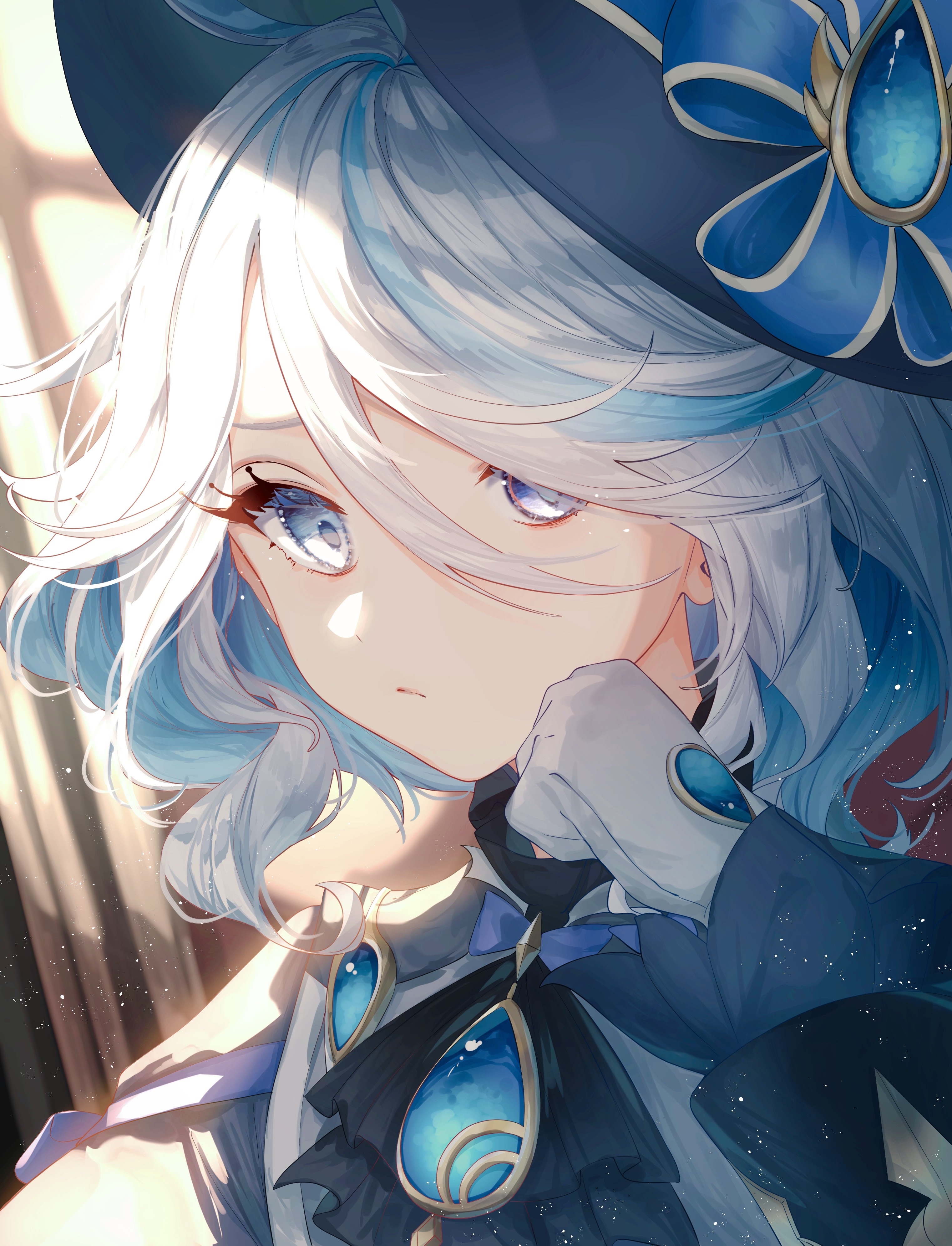 Focalors from Genshin Impact with blue hair and hat HD Phone Wallpaper