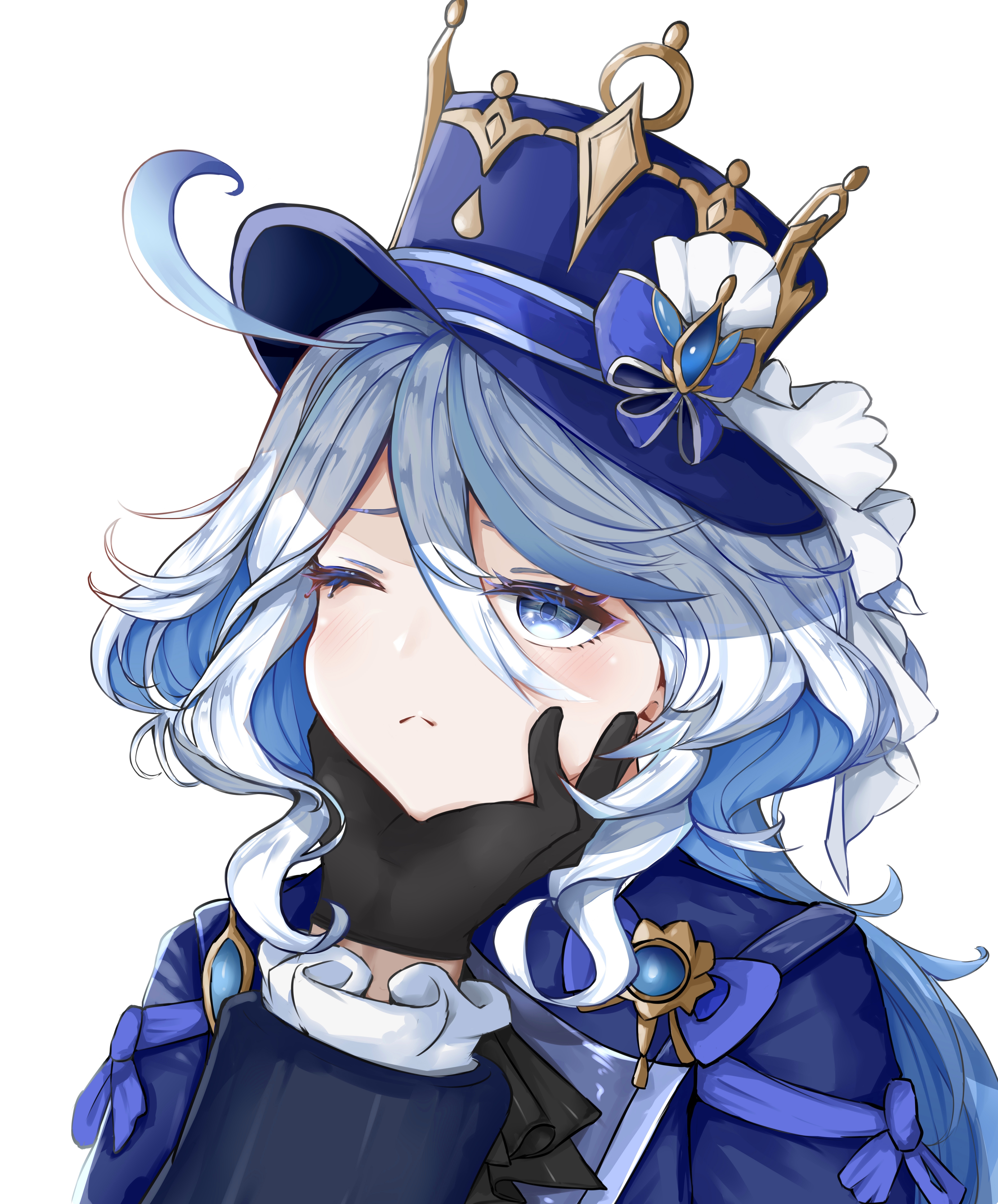 Focalors from Genshin Impact with blue hair and hat HD Phone Wallpaper