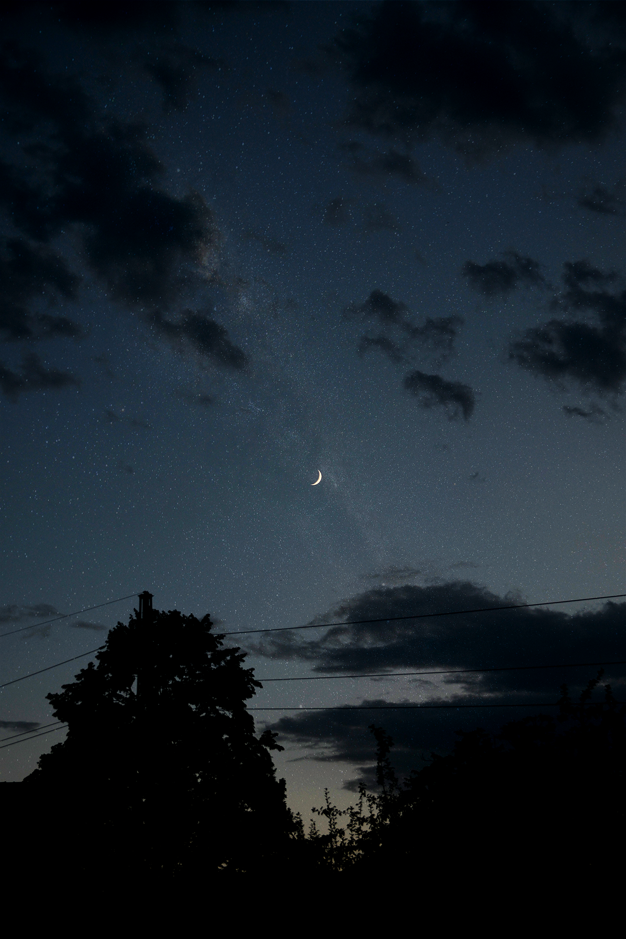 Night sky with crescent moon and stars over trees HD Phone Wallpaper