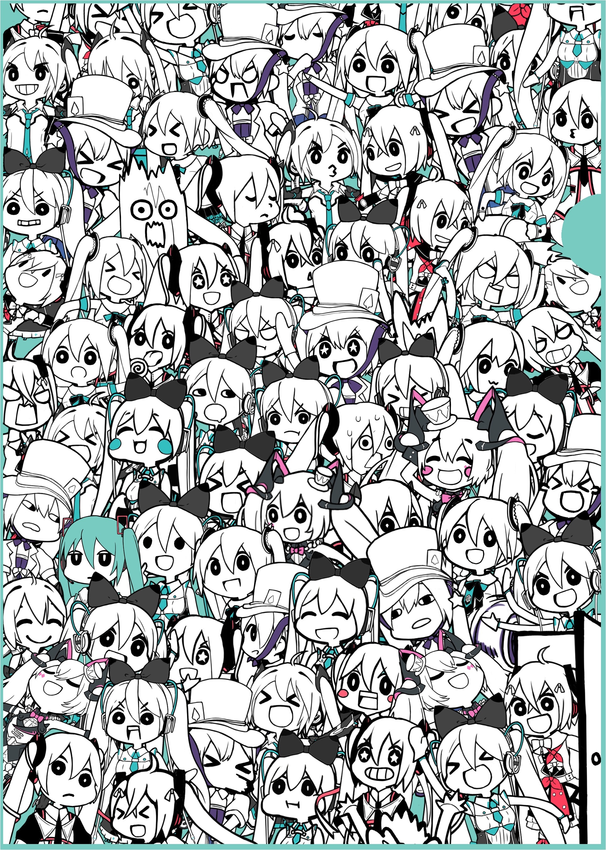 Hatsune Miku and friends in a chaotic illustration HD Phone Wallpaper