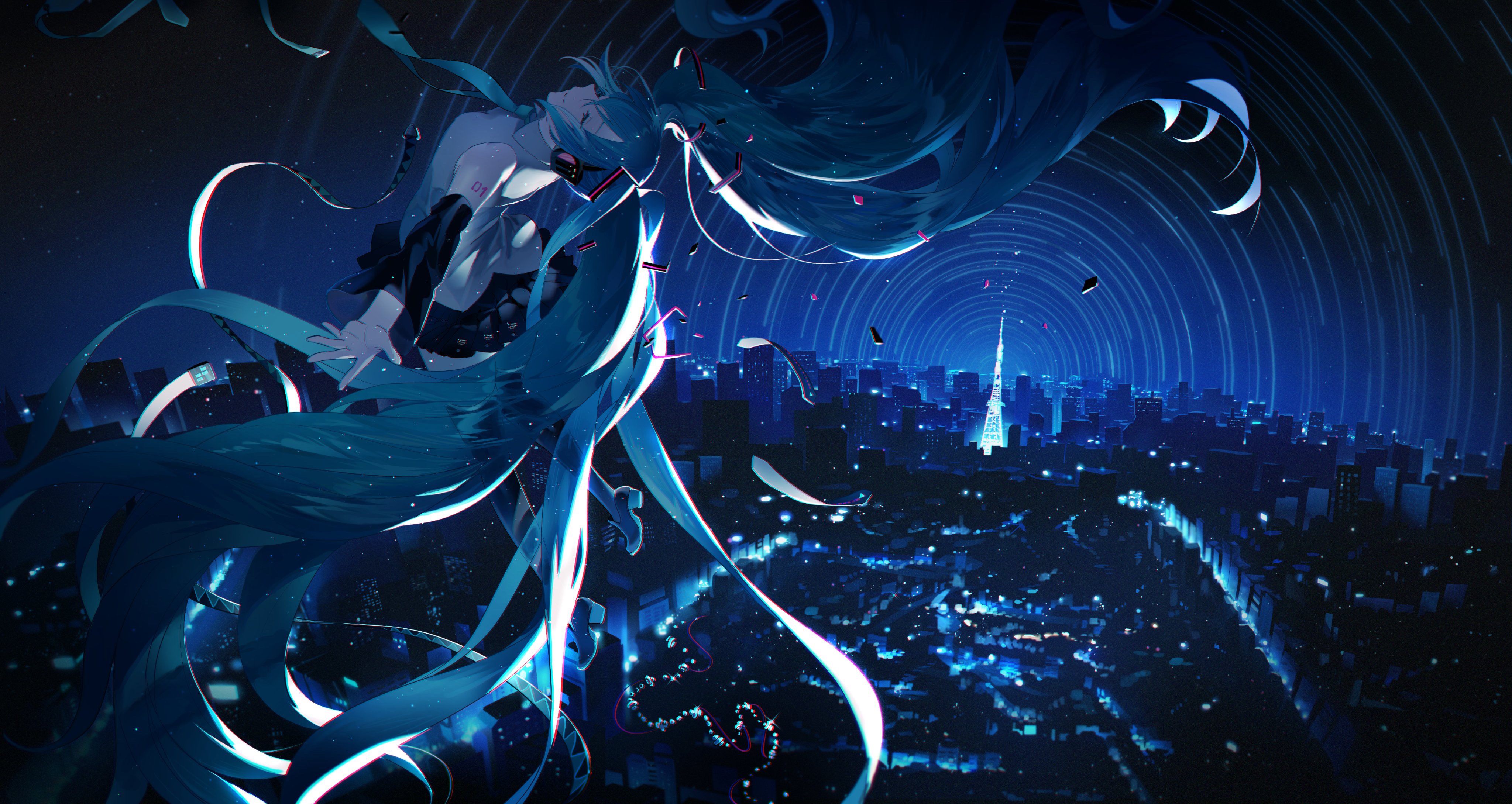 4K Hatsune Miku above a city at night HD Wallpaper