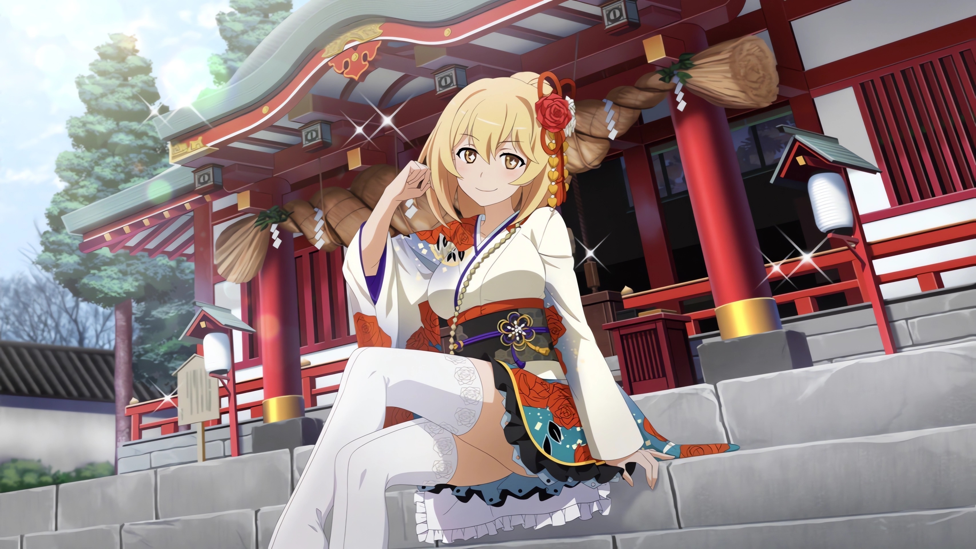 Anime girl in kimono at a Japanese temple HD Wallpaper