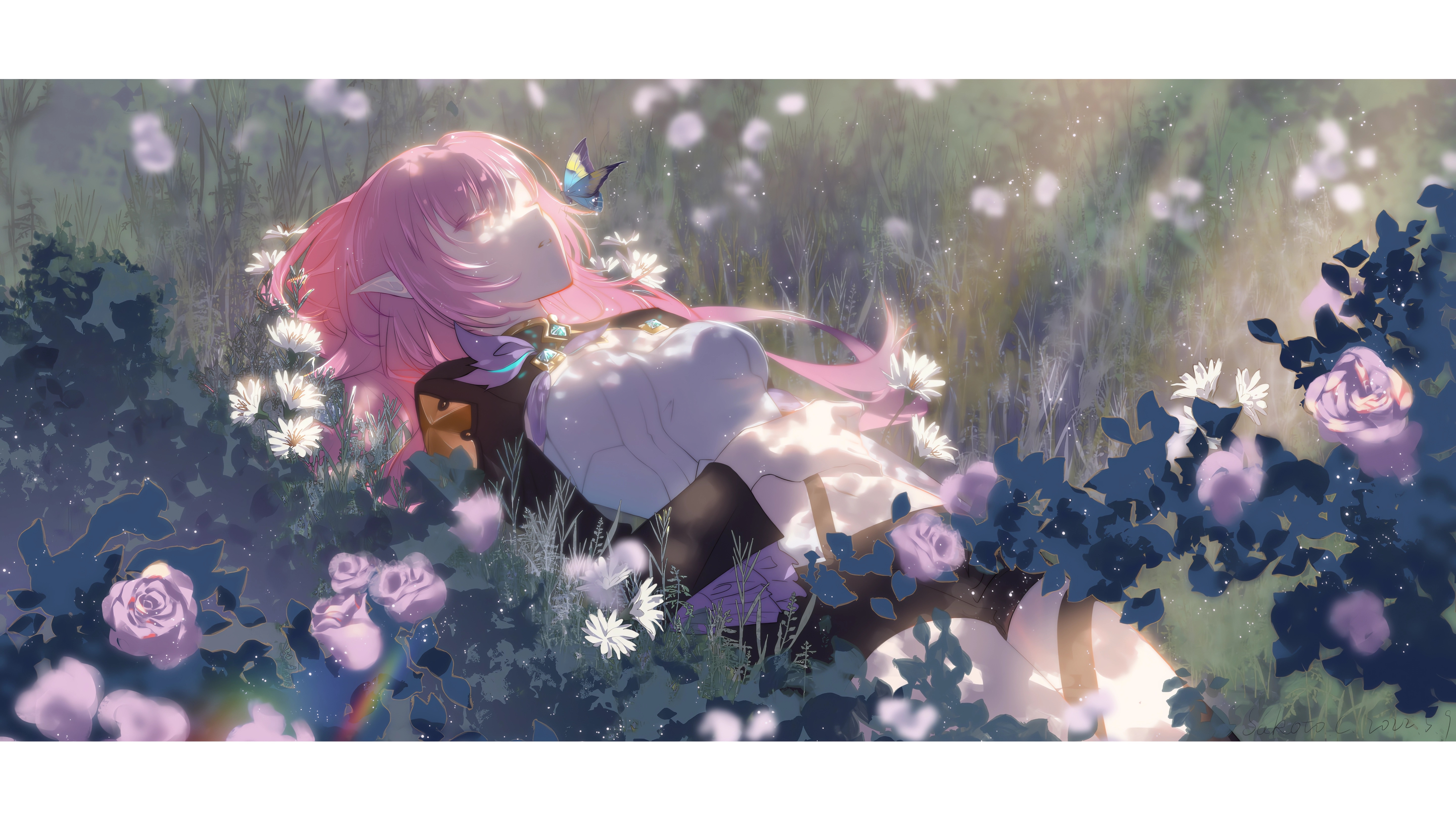 Elysia from Honkai Impact 3rd lying in flowers HD Wallpaper