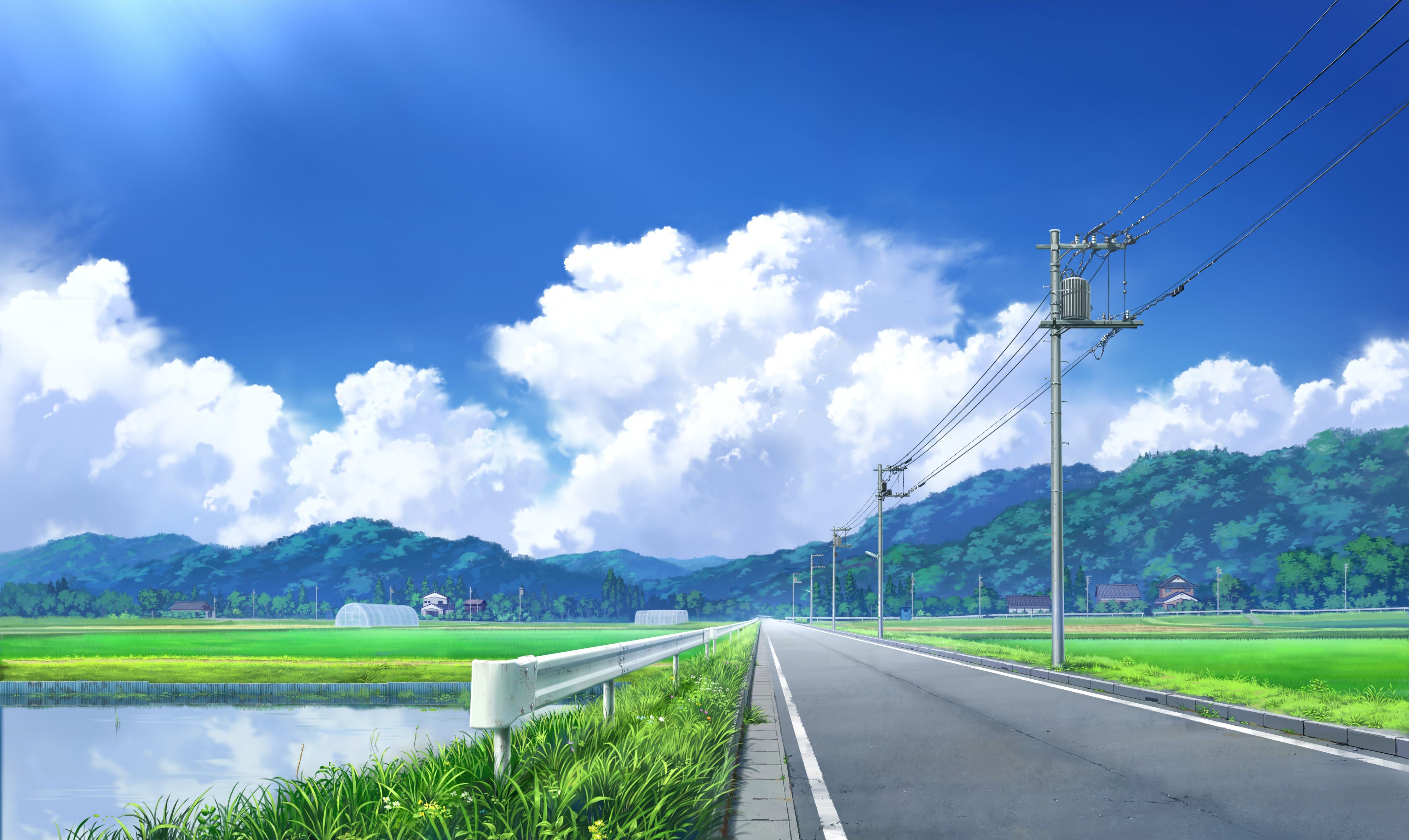 4K Sunlight on a Rural Road with Mountains and Clouds HD Wallpaper