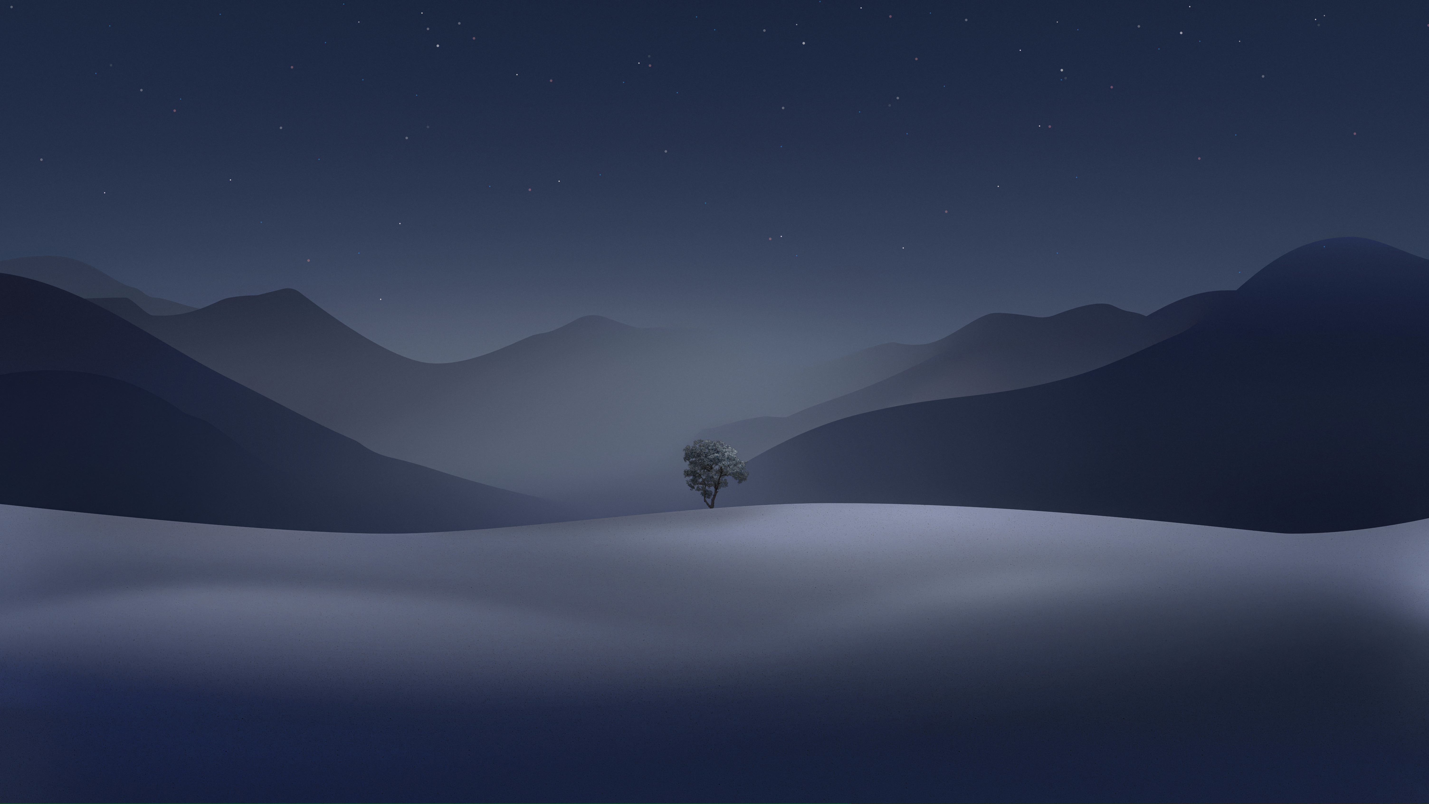4K night landscape with mountains, stars, and a lone tree HD Wallpaper
