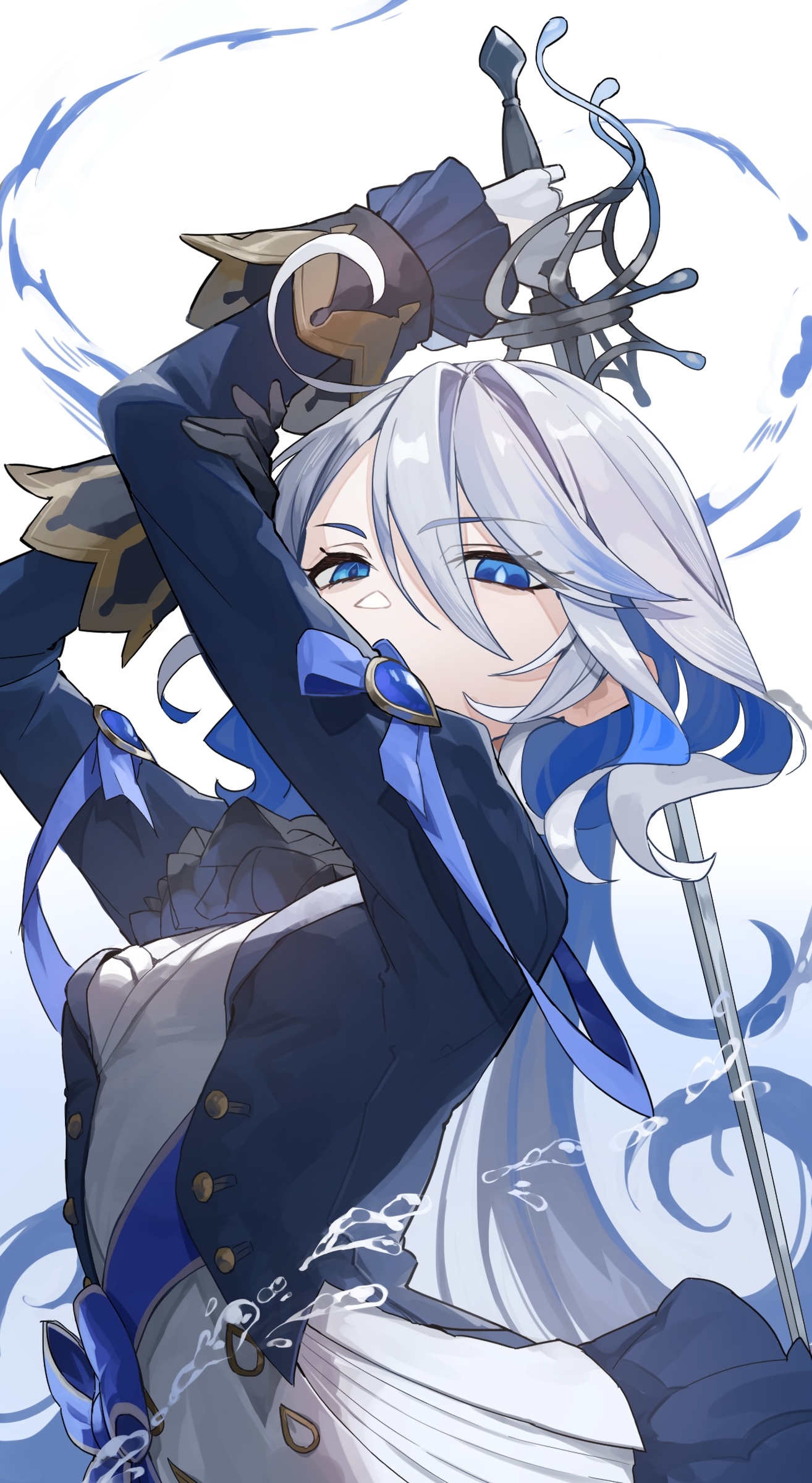 Focalors with blue hair and sword from Genshin Impact HD Phone Wallpaper