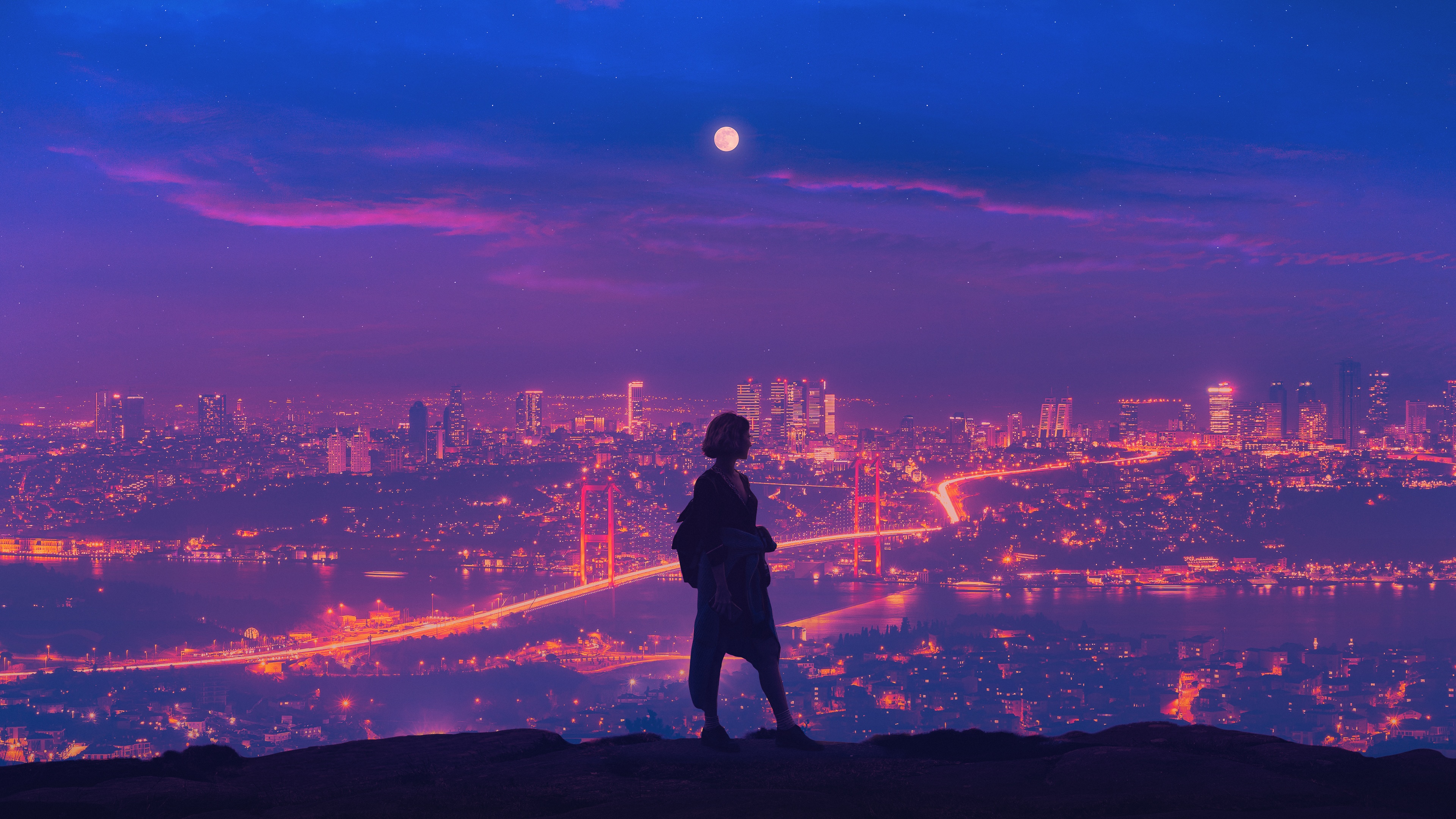 4K Cityscape with Moon and Bridge HD Wallpaper