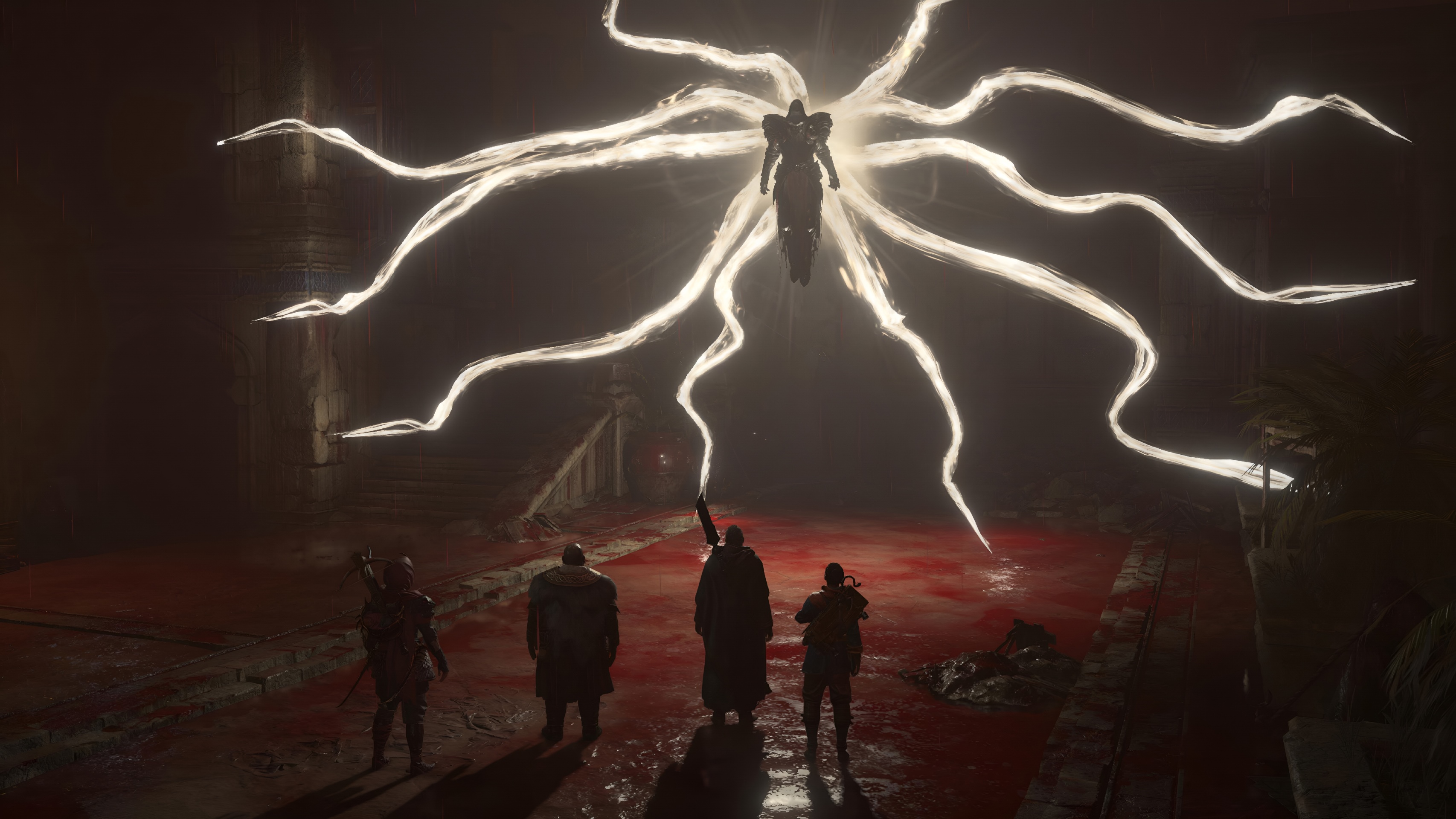 Diablo IV characters face a glowing entity with tendrils HD Wallpaper