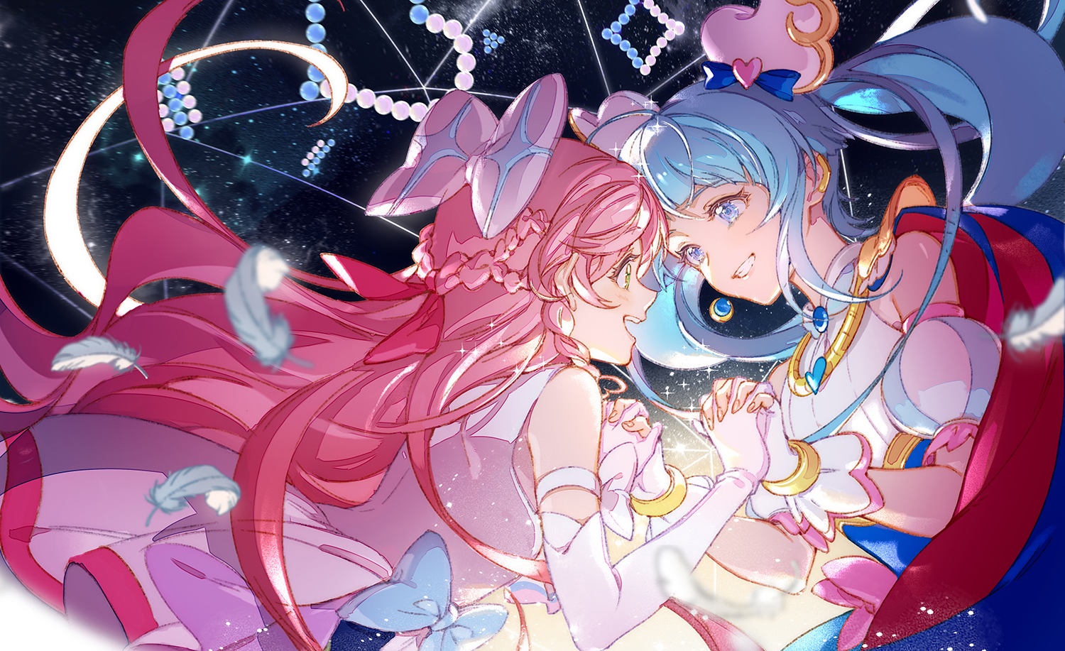 Two anime girls with pink and blue hair holding hands HD Wallpaper