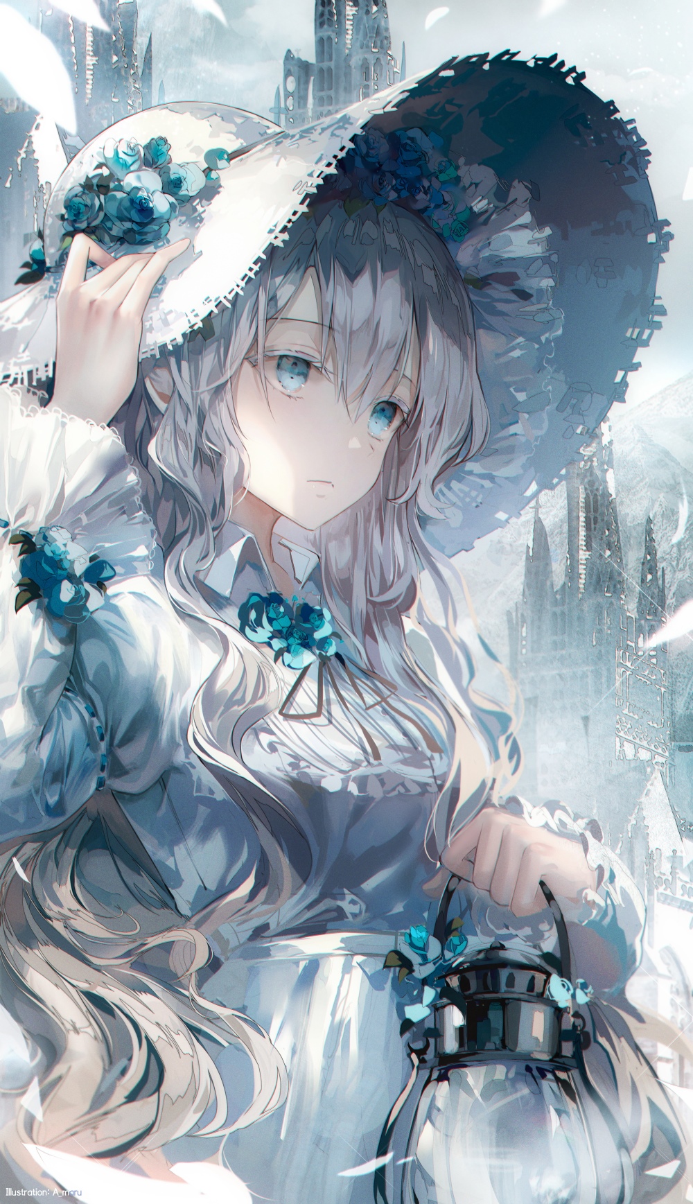 Girl in a white dress with a hat and lantern HD Phone Wallpaper