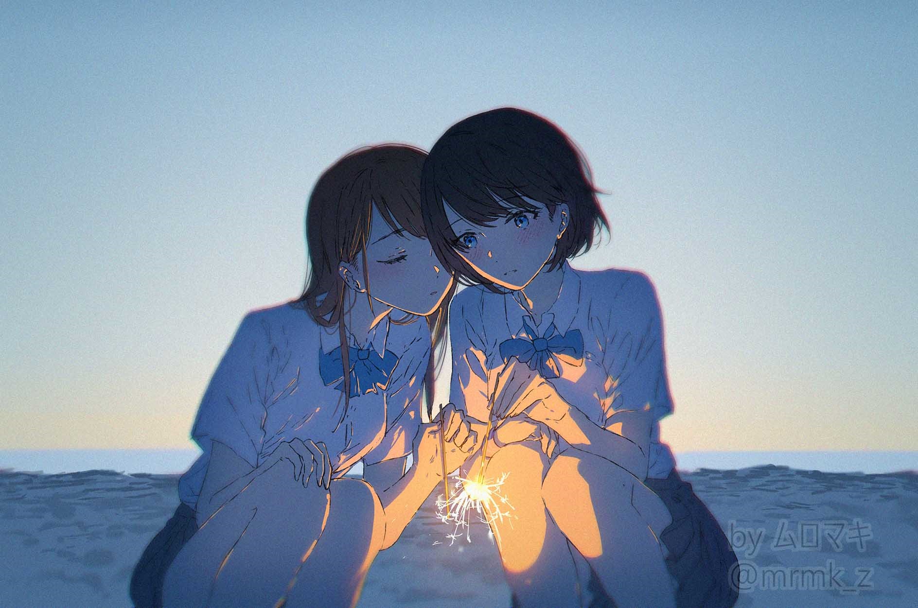 Two schoolgirls holding a sparkler at sunset HD Wallpaper