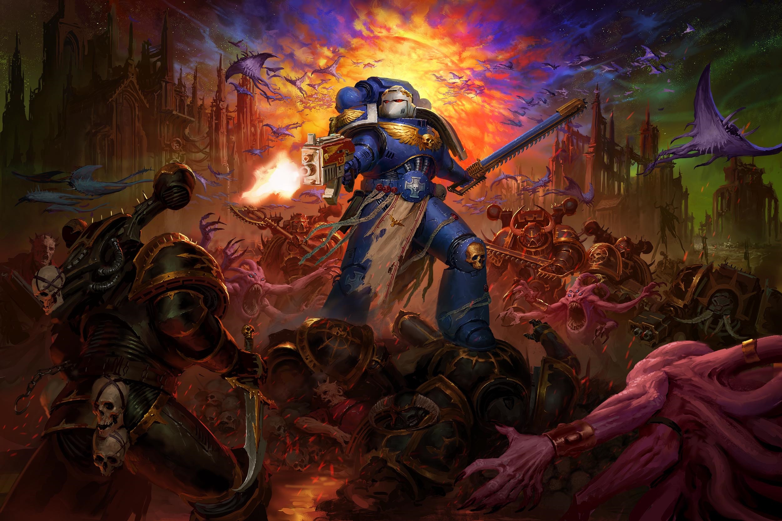 Warhammer 40,000 Space Marine fighting demons HD Wallpaper