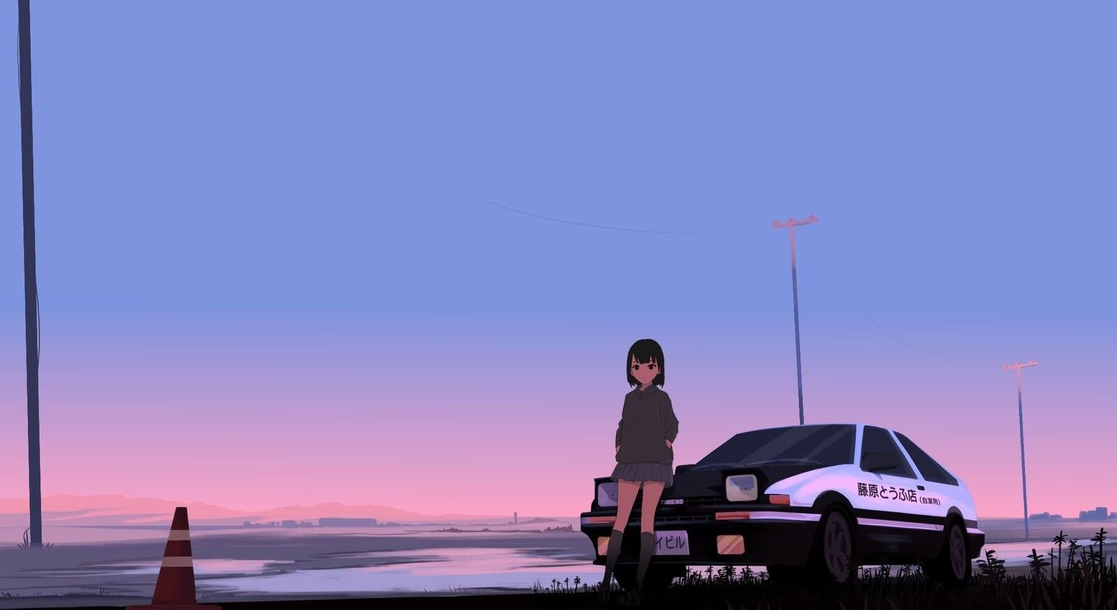 Girl and car in Japan at sunset HD Wallpaper