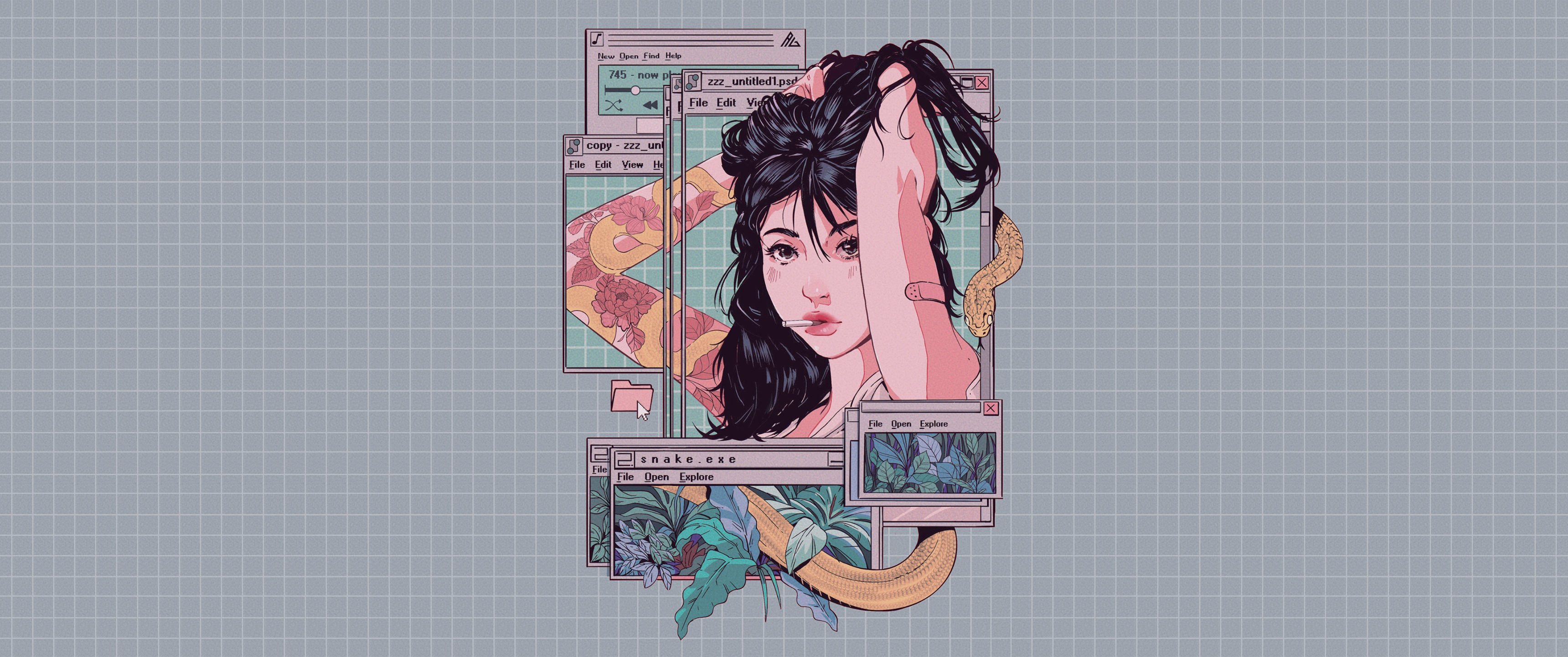 Woman with snake and plants in computer windows HD Wallpaper