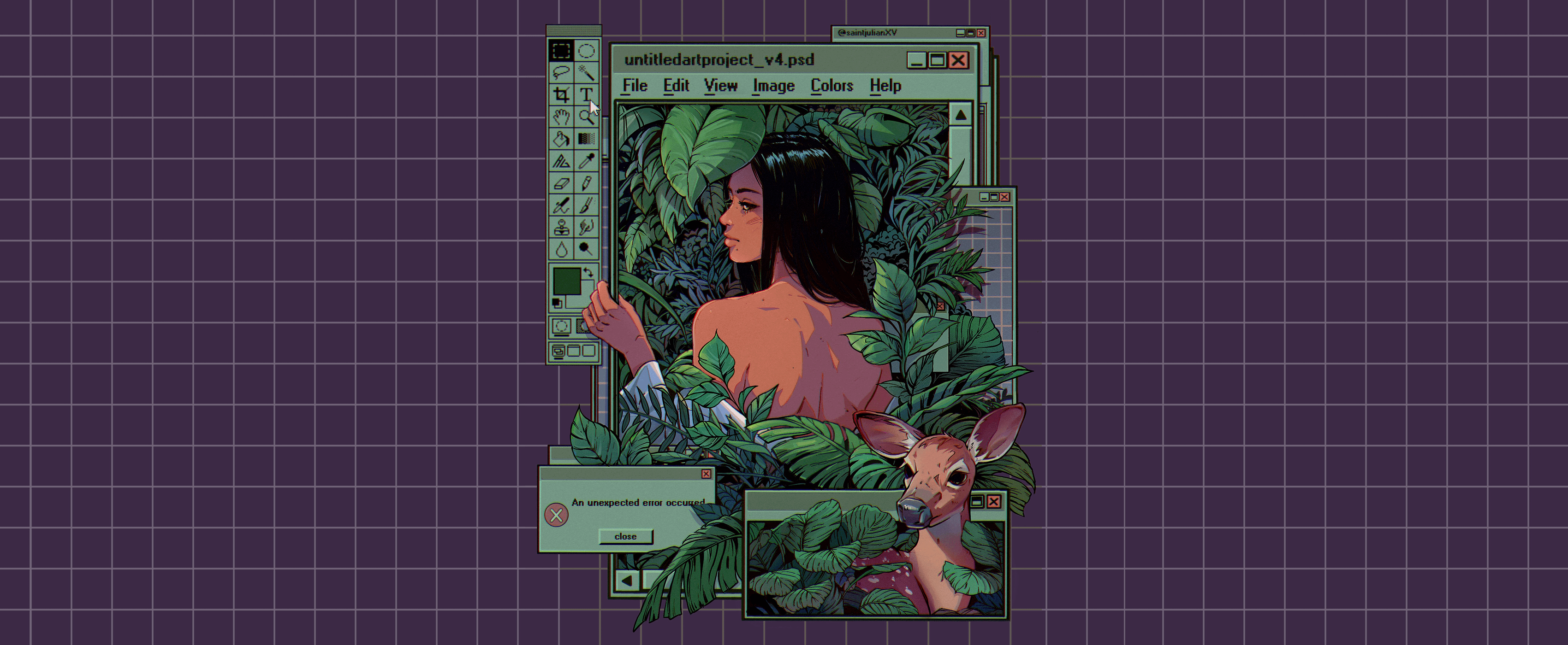 Woman and deer in a digital jungle HD Wallpaper