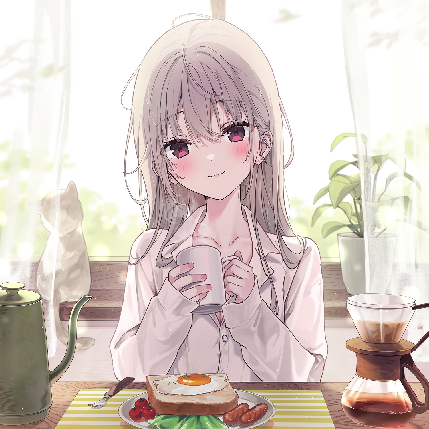 Anime girl with breakfast and coffee by the window HD Wallpaper