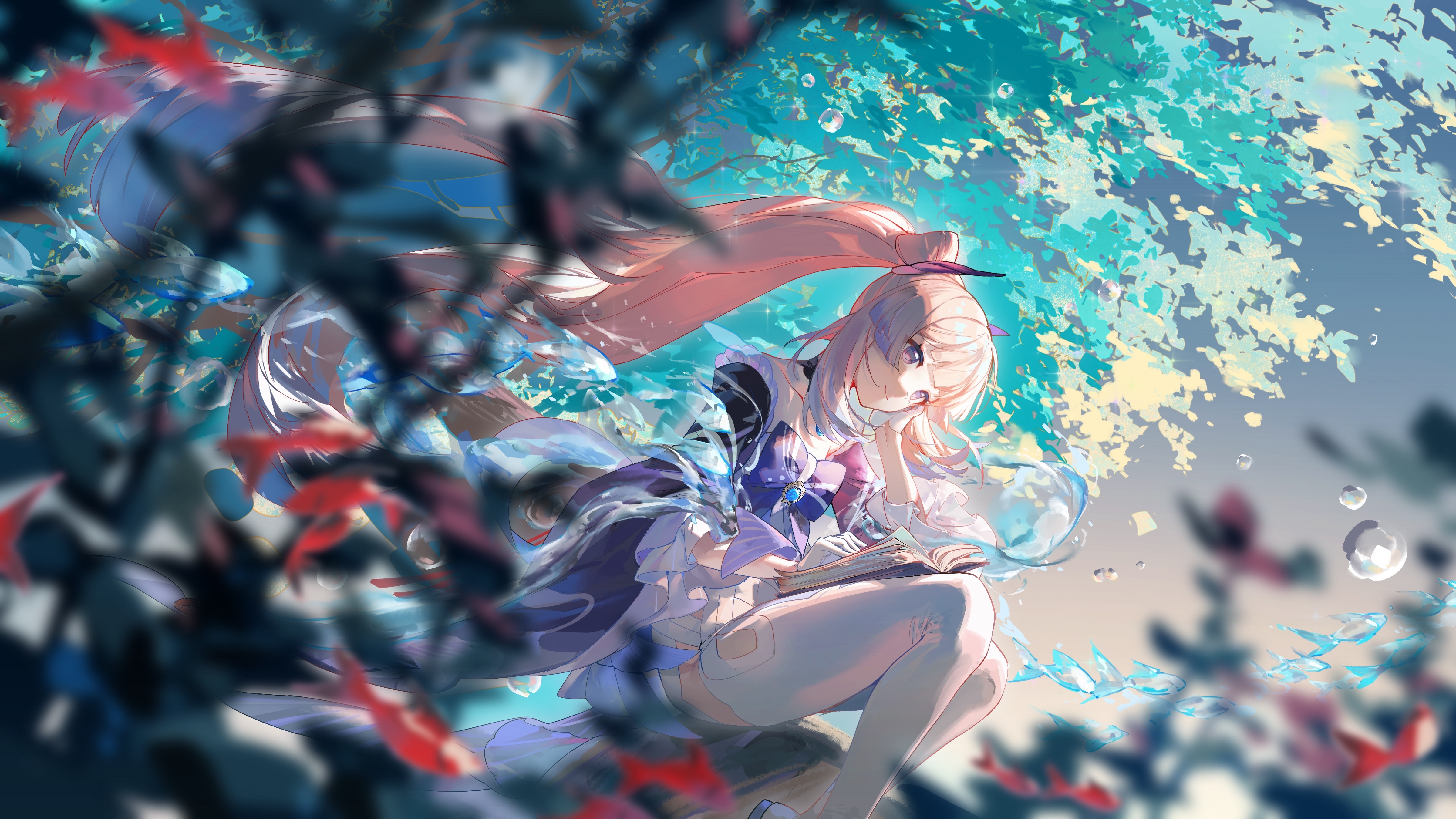 4K Sangonomiya Kokomi reading a book with fish HD Wallpaper