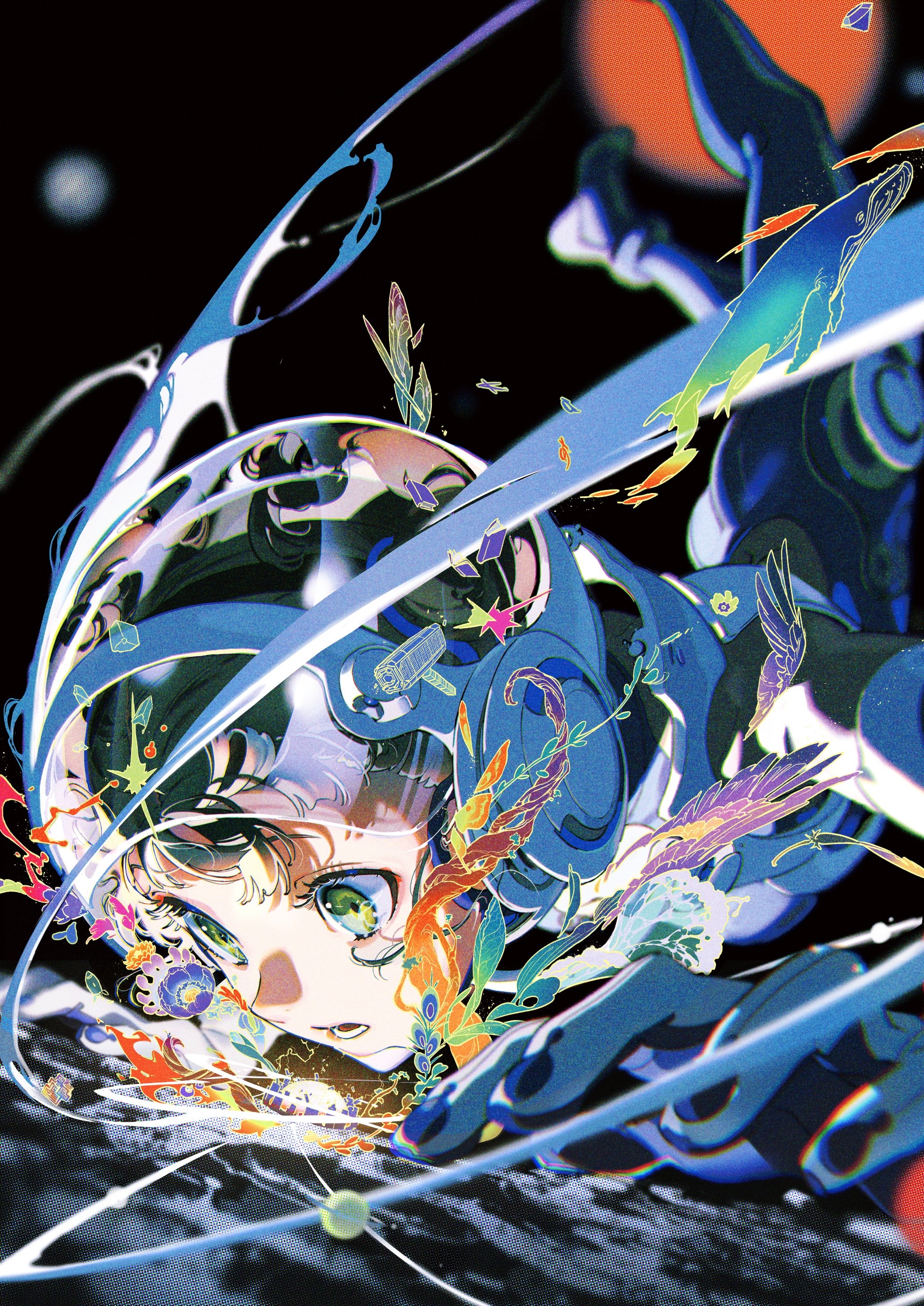 Yoneyama Mai's colorful astronaut with fish and animals HD Phone Wallpaper