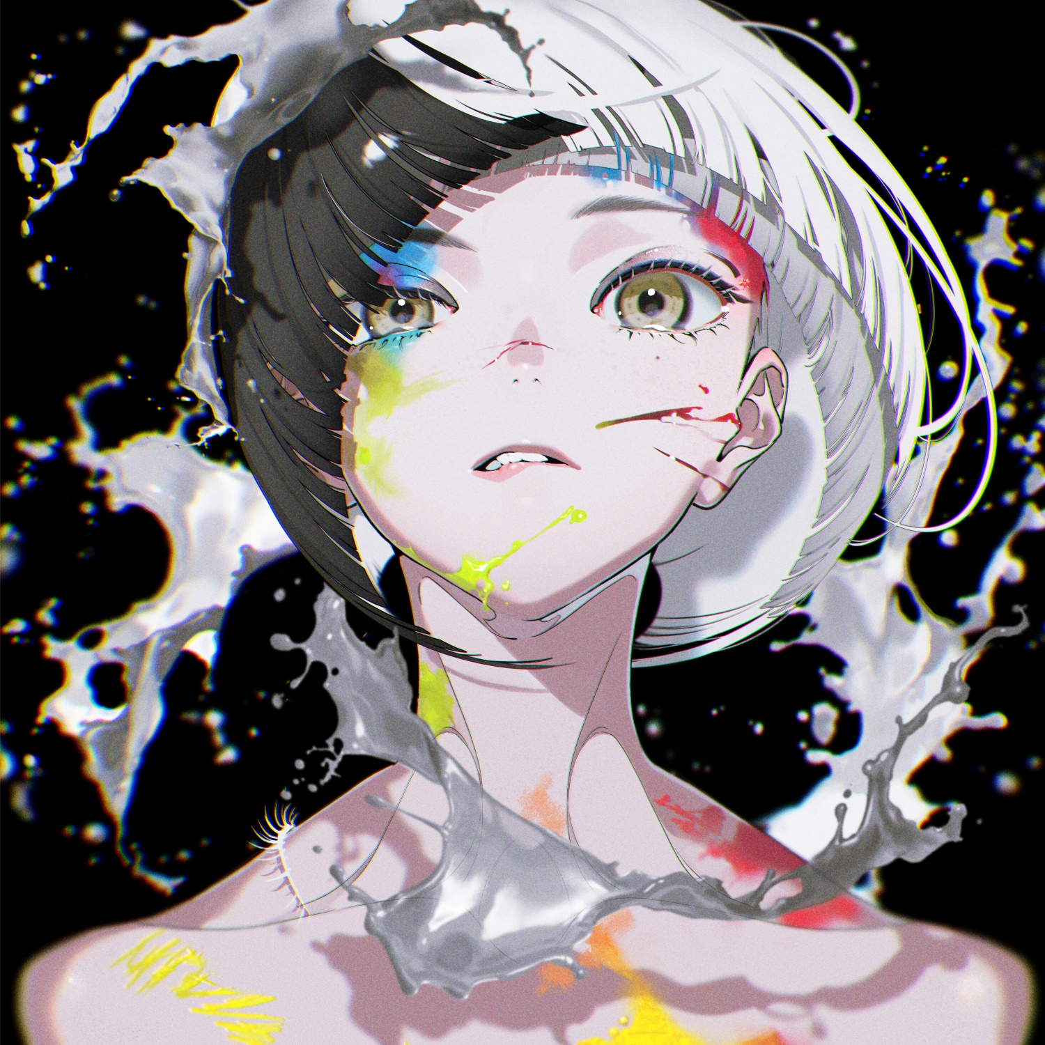 Girl with two-tone hair splattered with paint HD Wallpaper