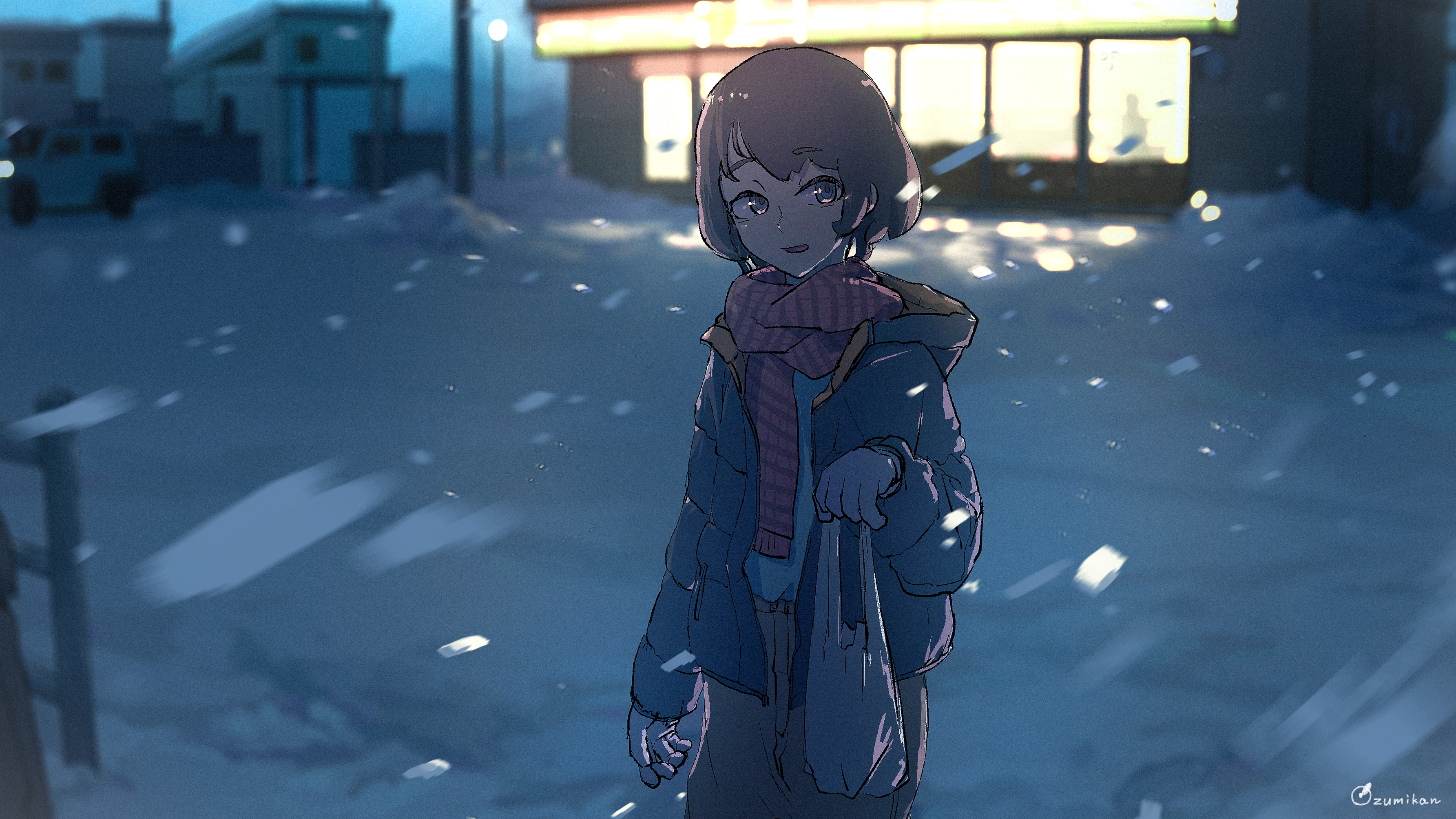 Girl with short hair in the snow at night HD Wallpaper