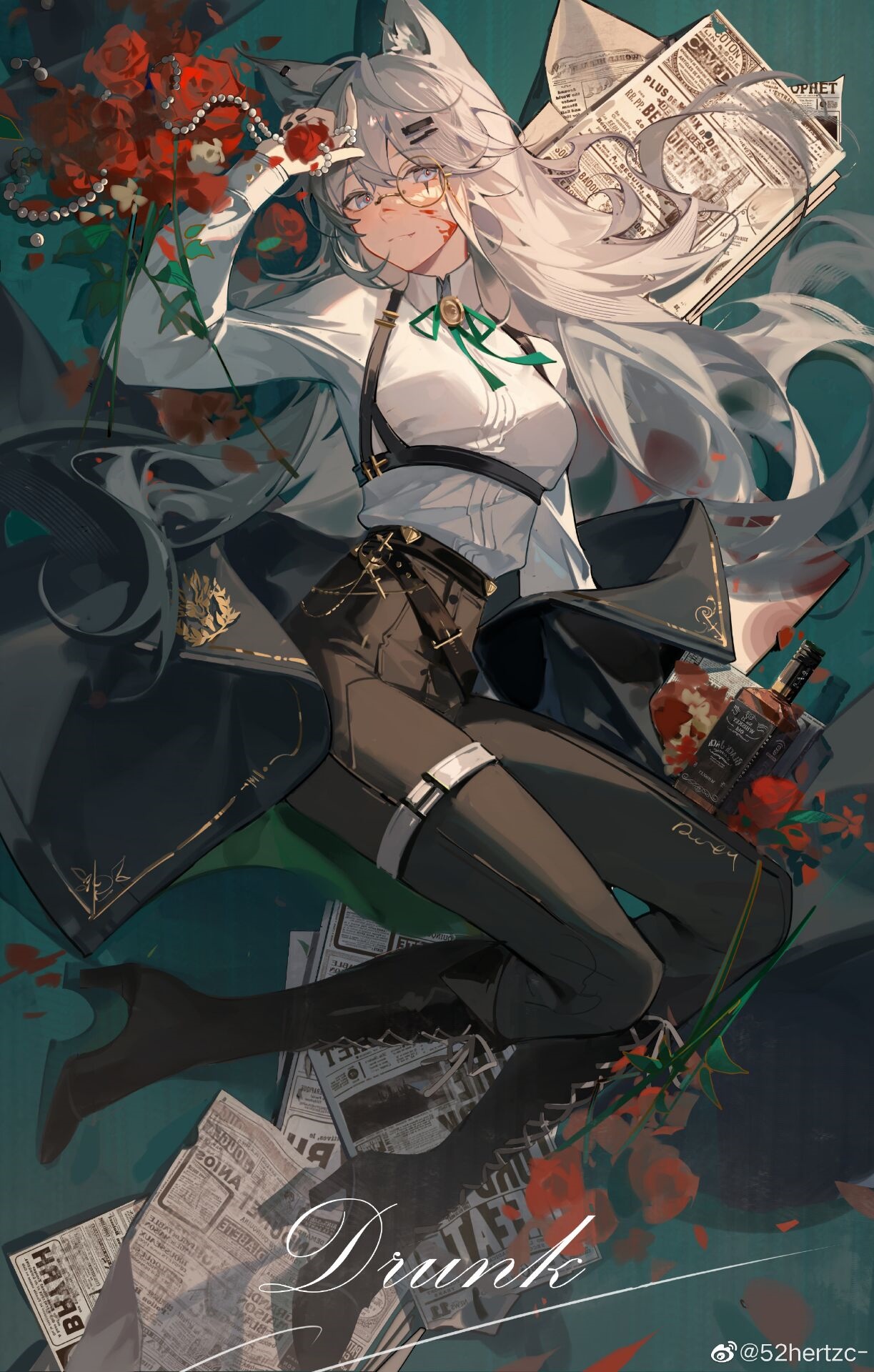 Arknights Lappland lying down with roses and whiskey HD Phone Wallpaper