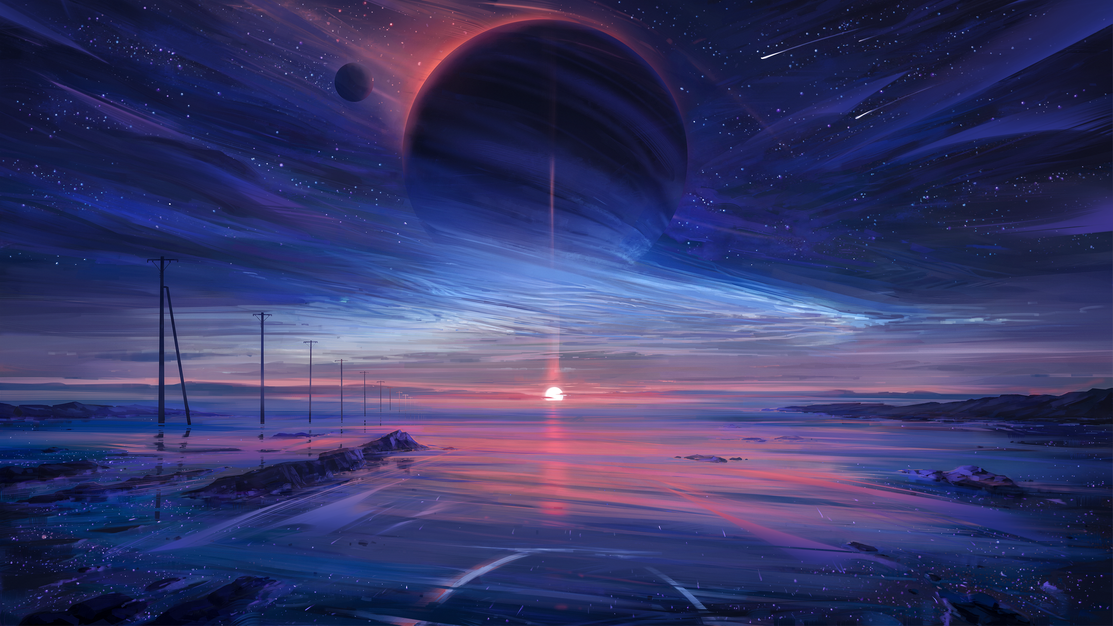 4K Fantasy Planet Sunset with Shooting Stars HD Wallpaper