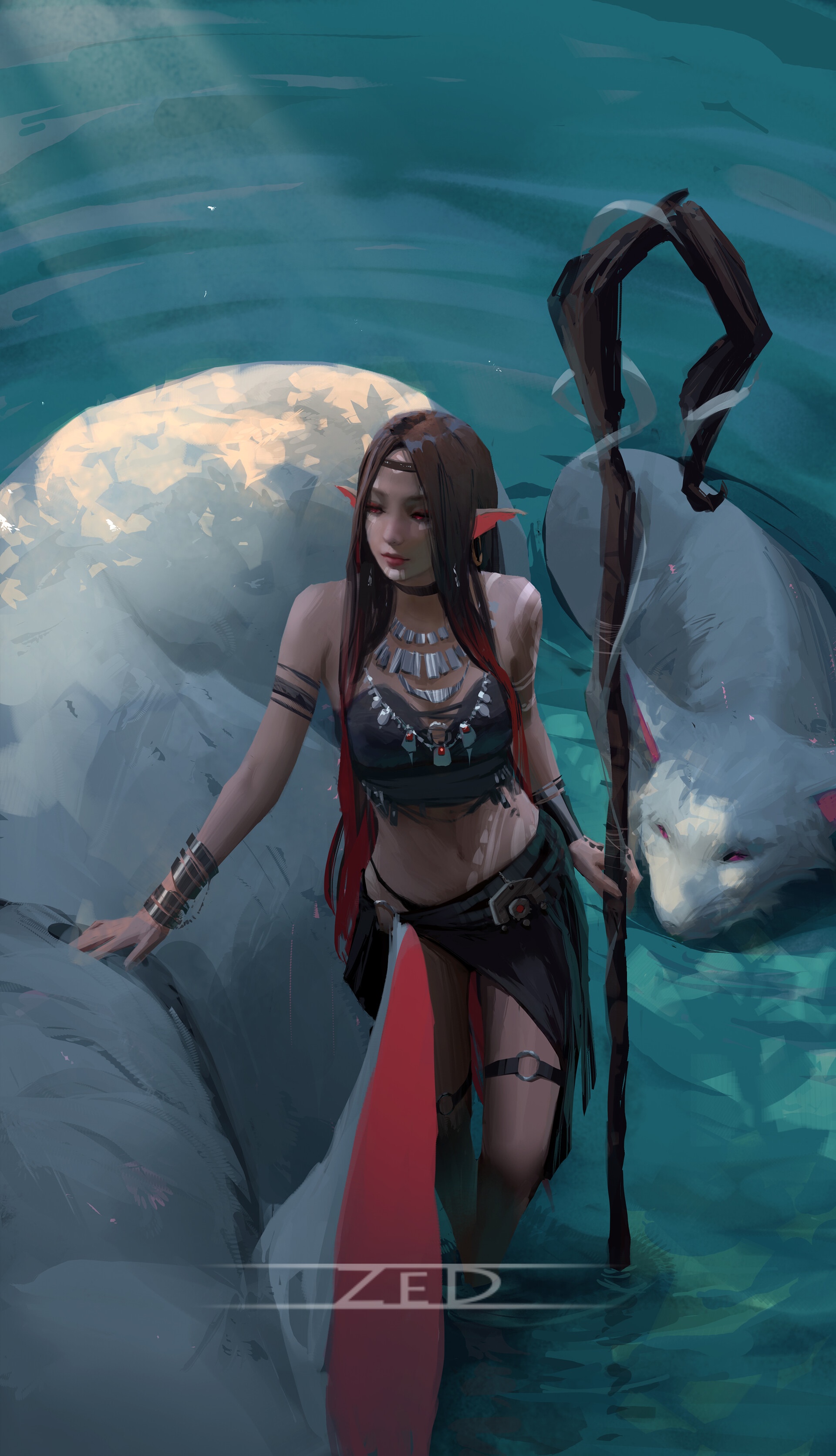 Woman with pointy ears and fox holding a staff in water HD Phone Wallpaper