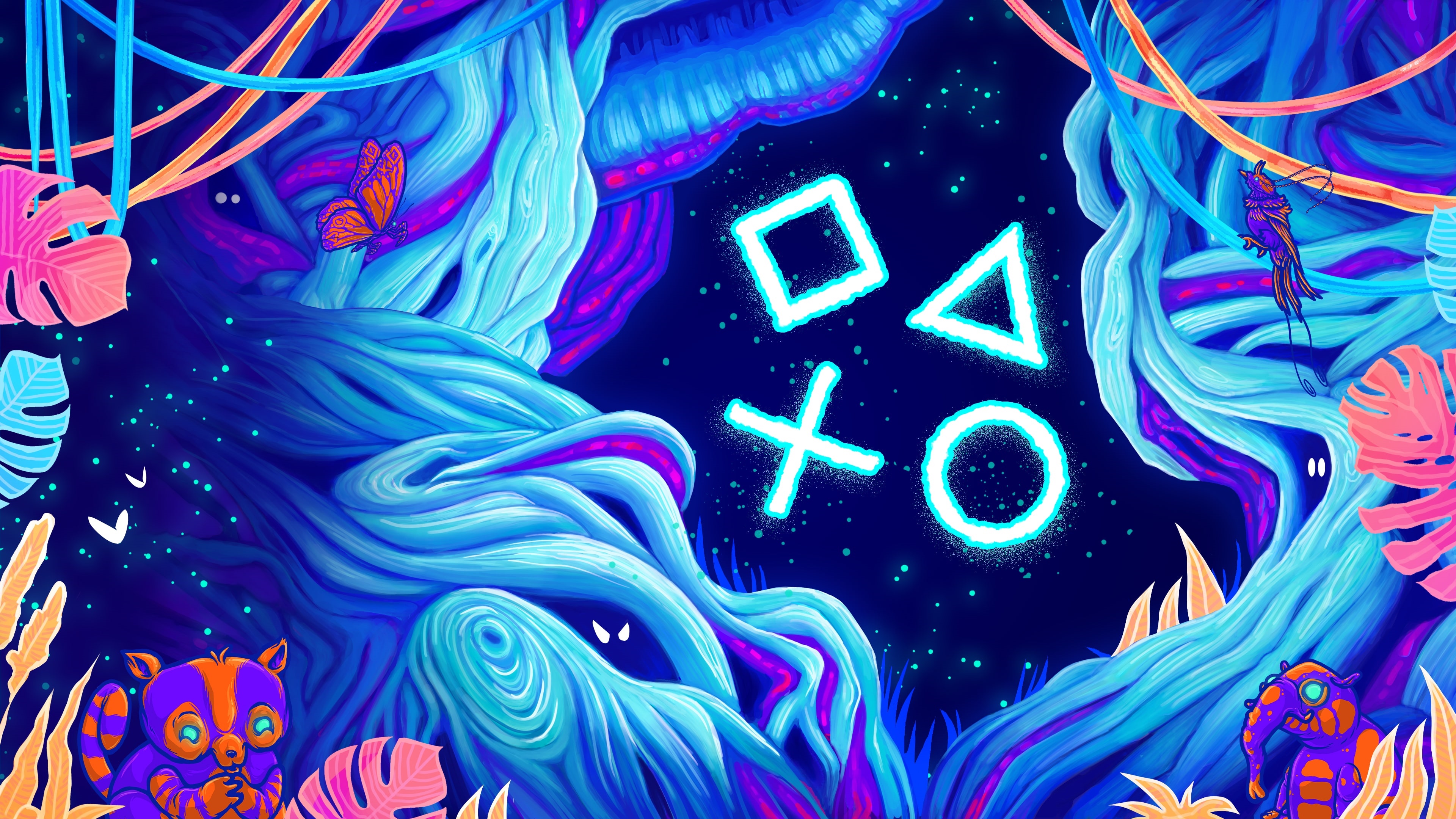 PlayStation Symbols in a Surreal, Bioluminescent Forest HD Wallpaper