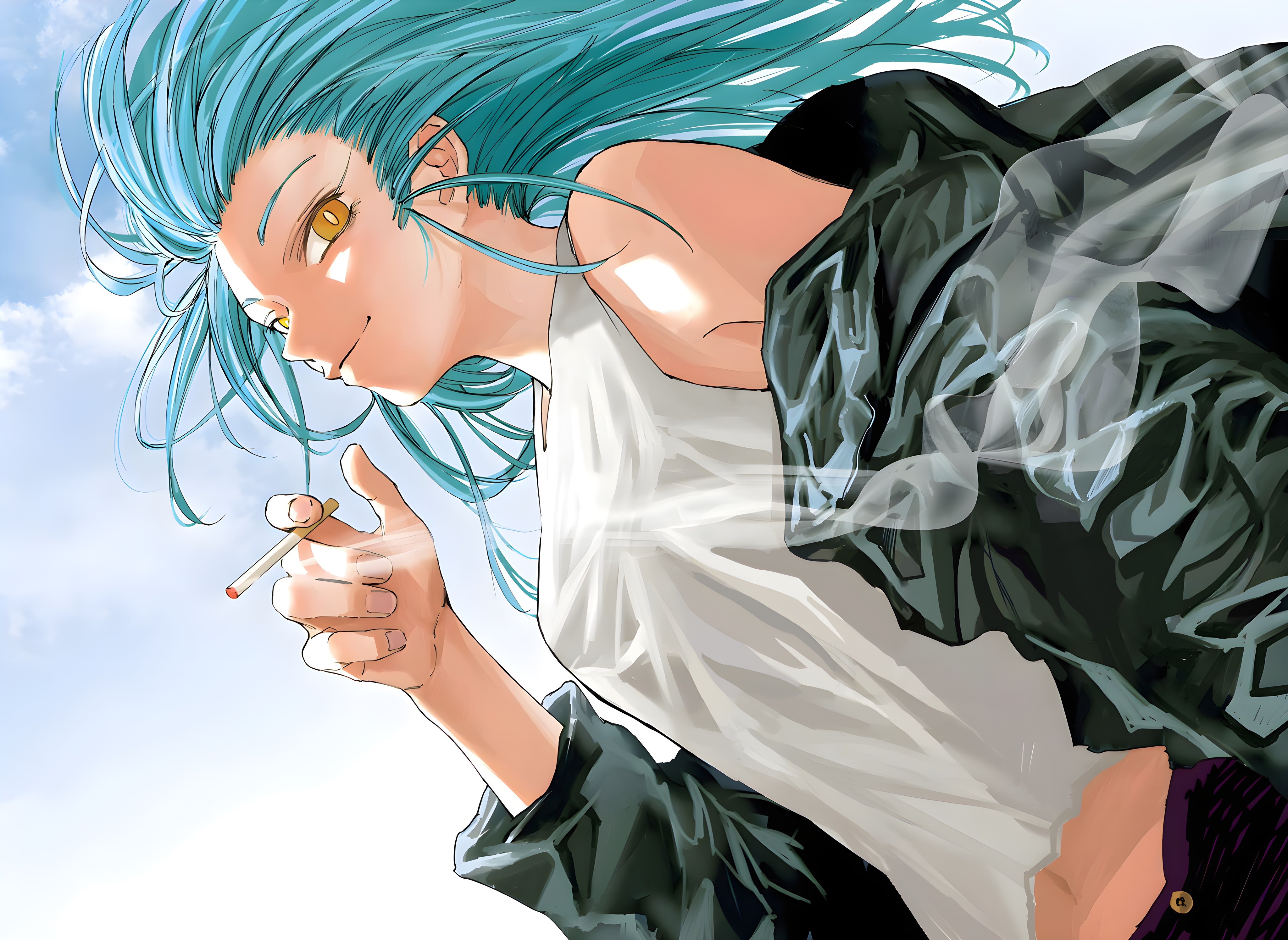 Sakamoto Days: Blue-haired character smoking HD Wallpaper