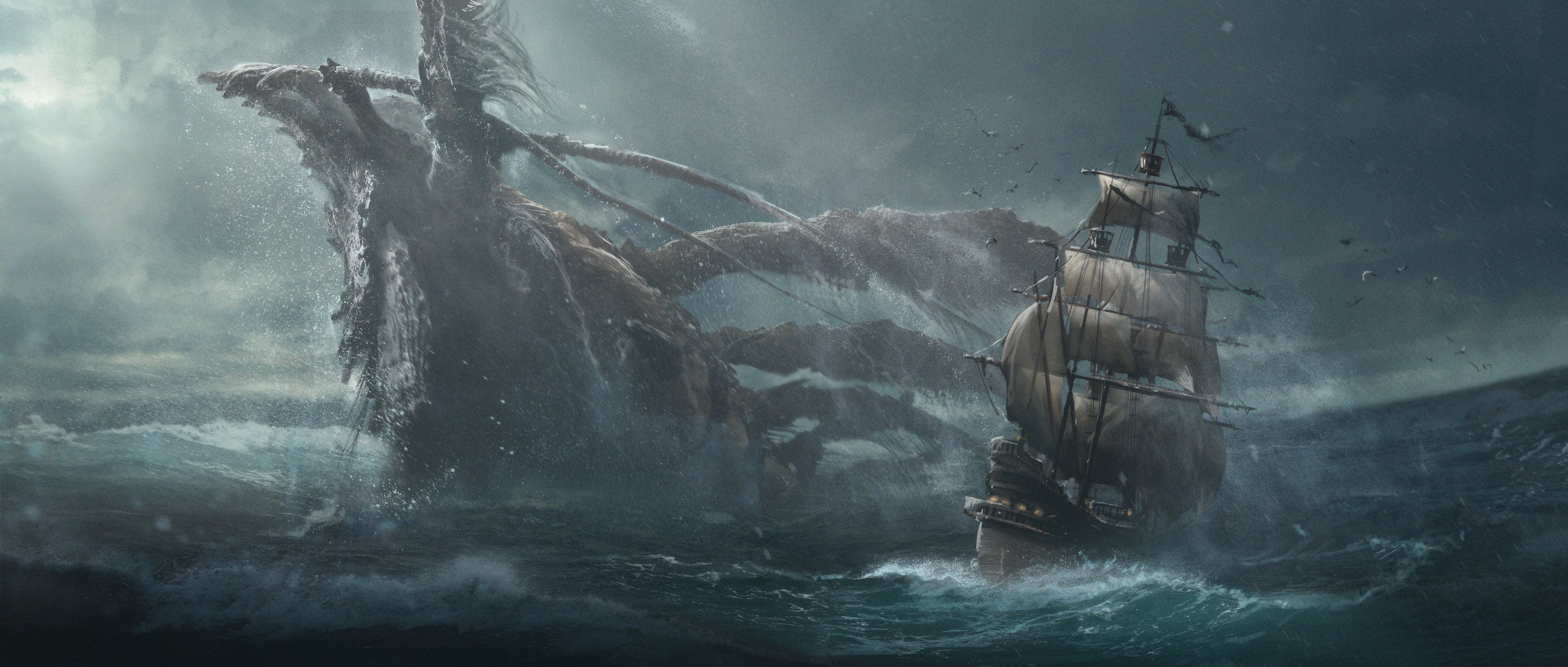 4K Leviathan and Sailboat in a Stormy Sea HD Wallpaper