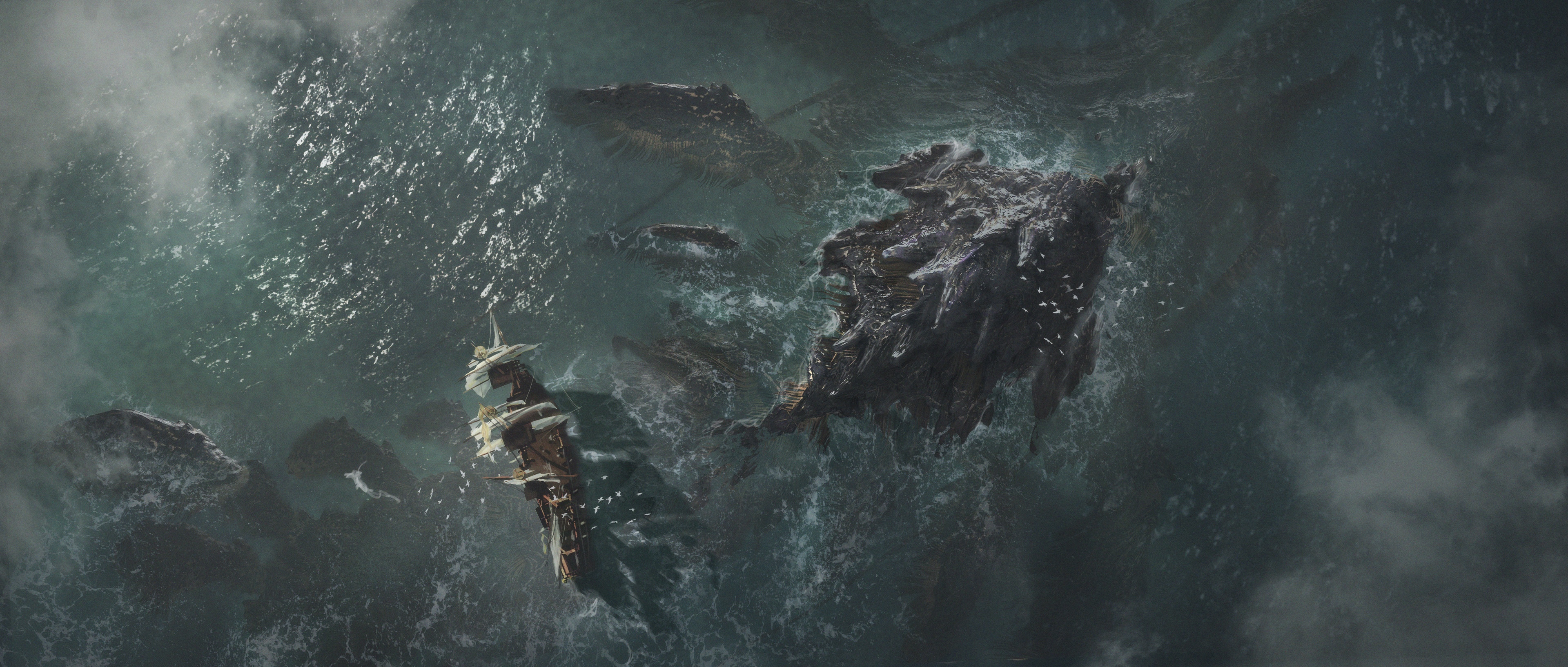 4K Aerial View of a Sailboat and Leviathan in the Sea HD Wallpaper