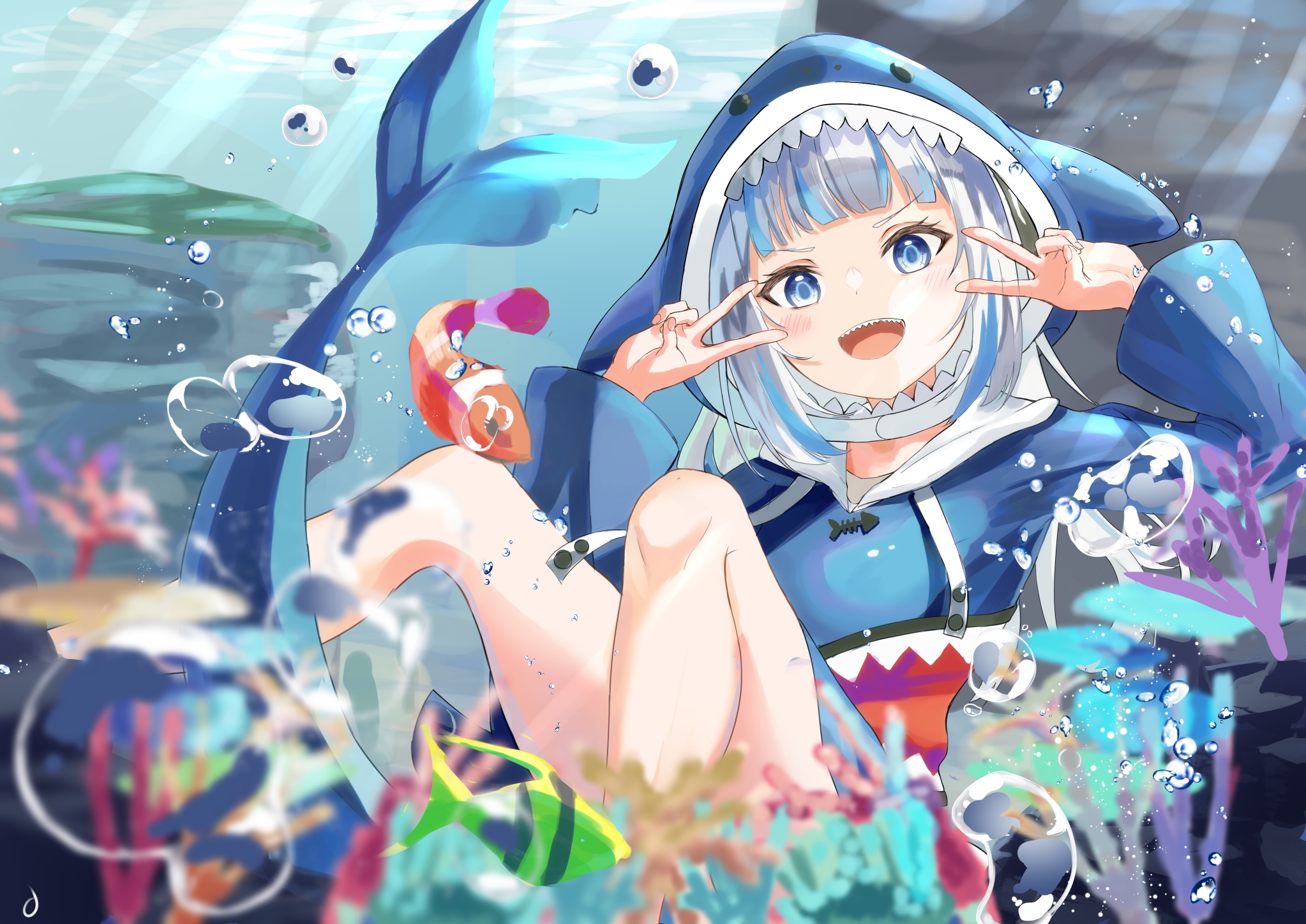 Gawr Gura in a blue shark hoodie underwater with fish HD Wallpaper