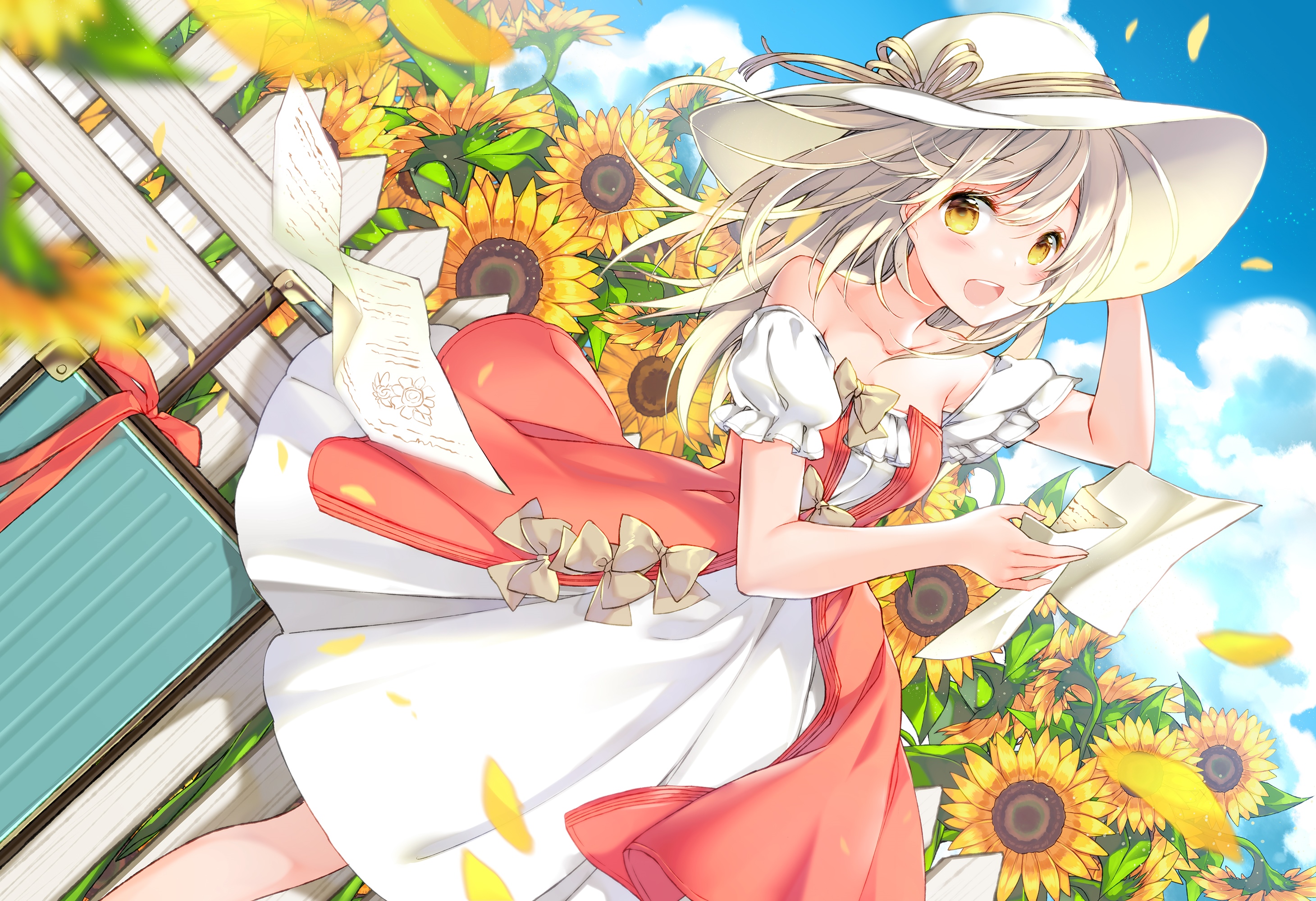 Girl in a summer dress with sunflowers HD Wallpaper