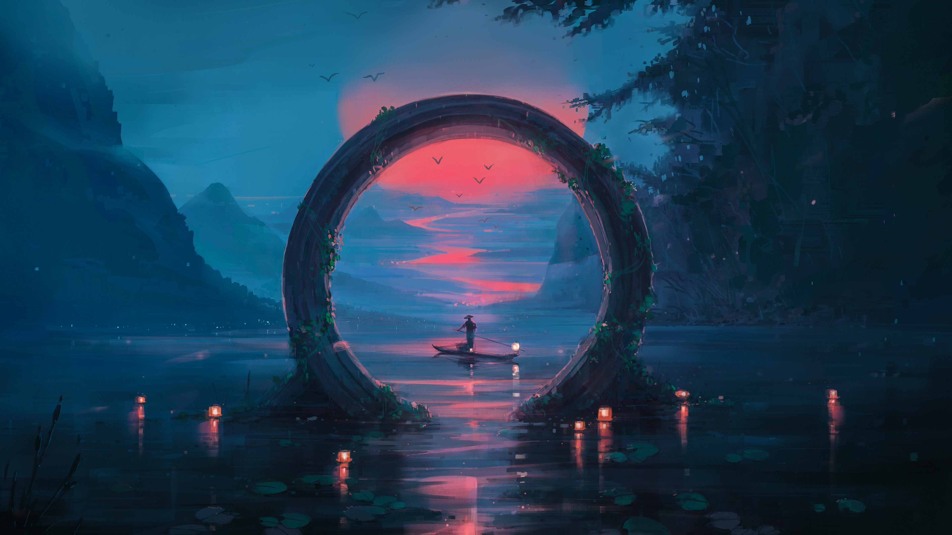 Fantasy Archway Overlooking Sunset River with Boat HD Wallpaper