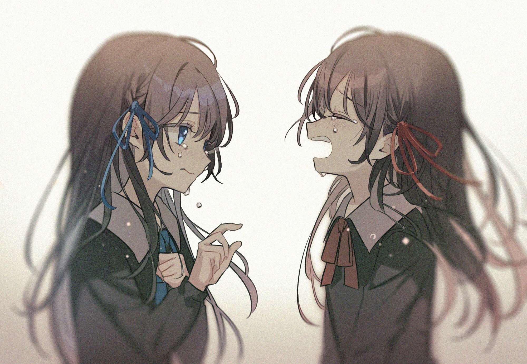 Two crying anime girls with black hair HD Wallpaper