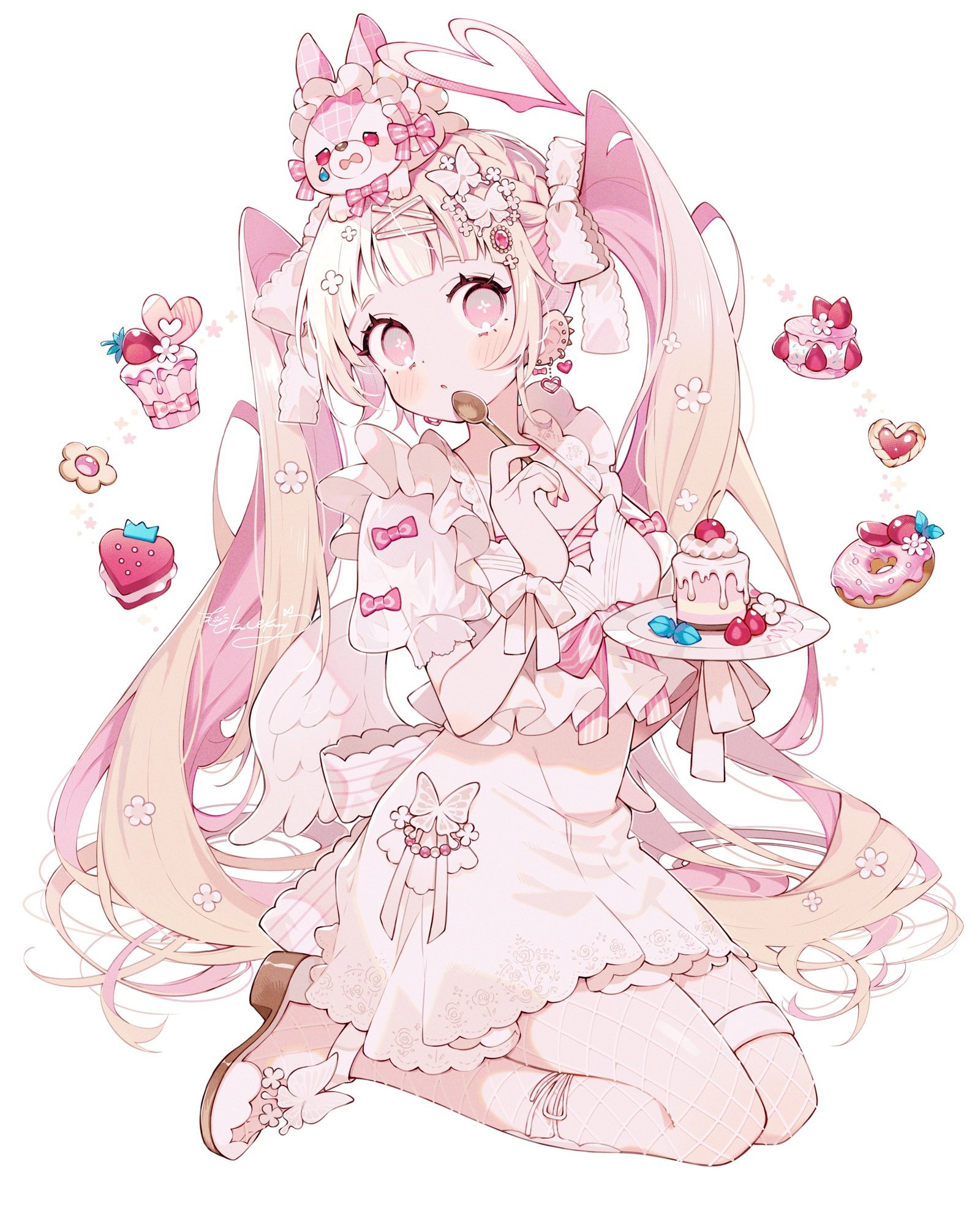 Anime girl with sweets and a donut HD Phone Wallpaper
