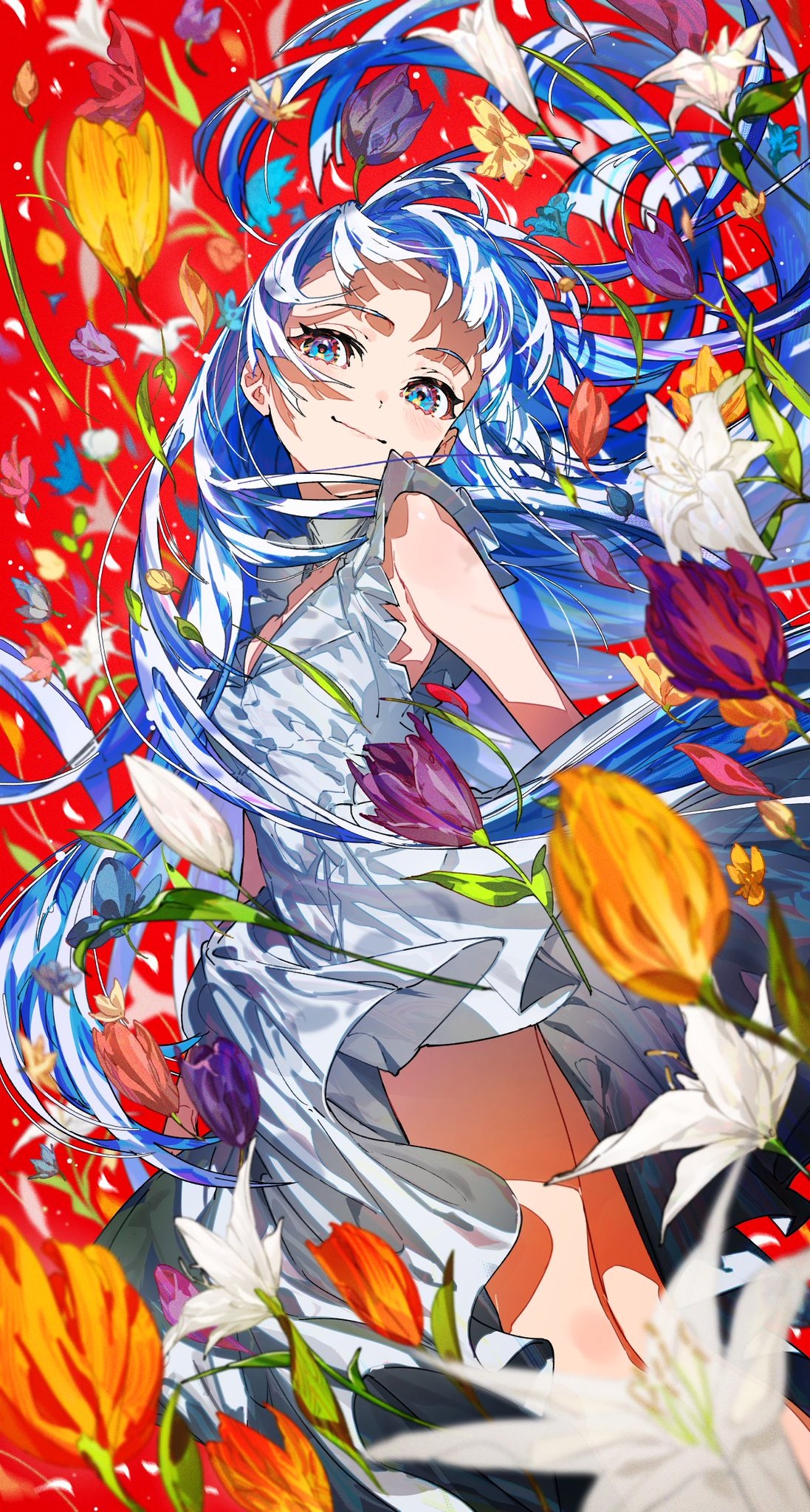 Anime girl with blue hair and flowers HD Phone Wallpaper