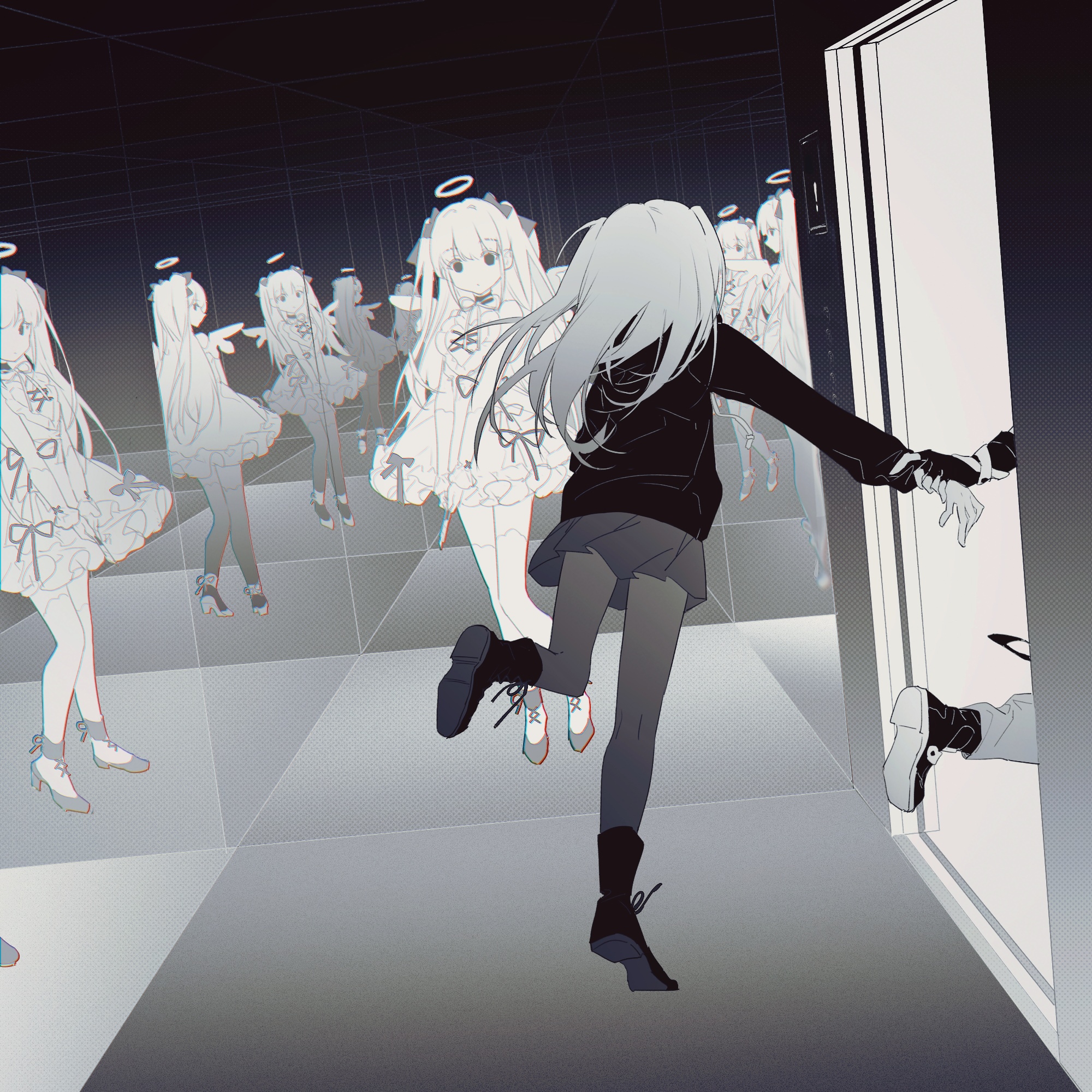 Anime girls with halos in a mirrored room HD Wallpaper