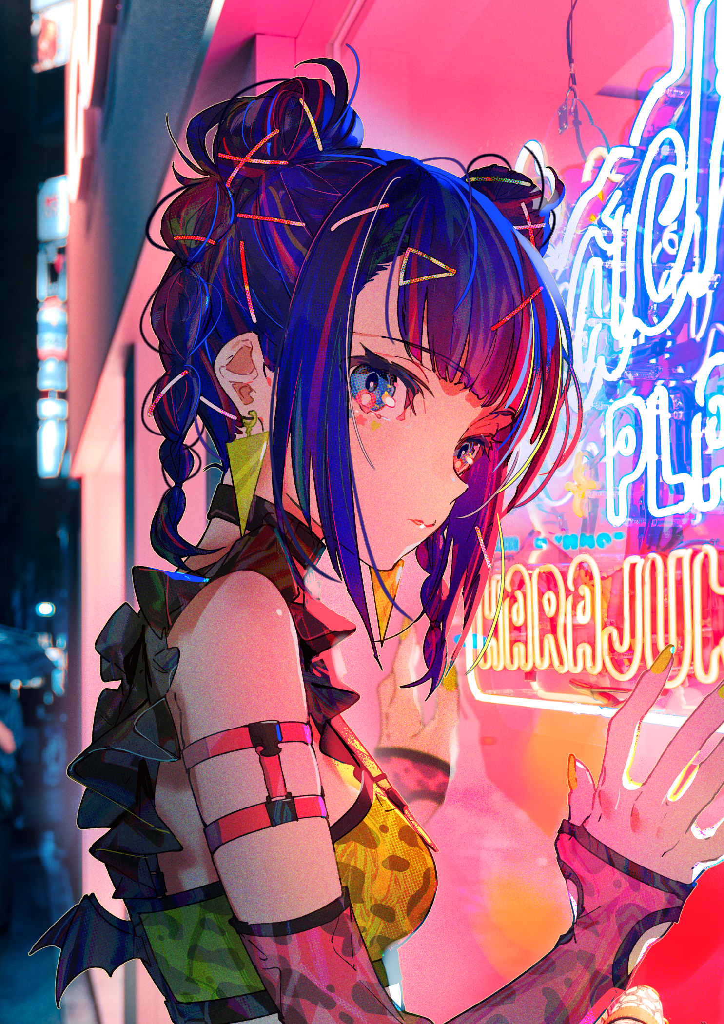 Mika Pikazo's anime girl with braids and neon lights HD Phone Wallpaper