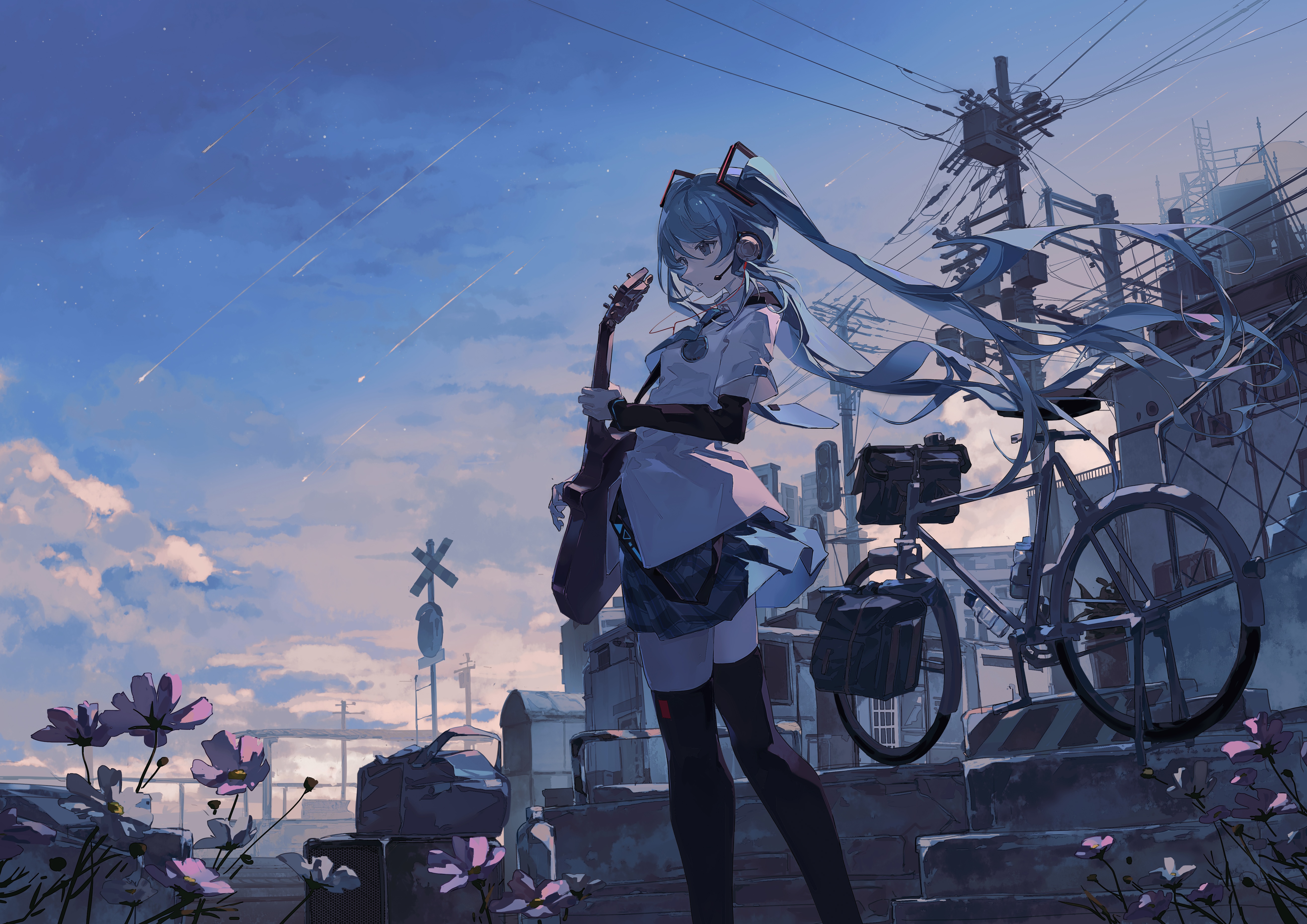 Hatsune Miku with Guitar and Bicycle HD Wallpaper