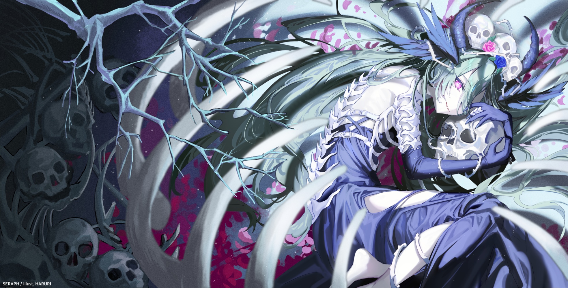 Girl with green hair and horns holding a skull HD Wallpaper