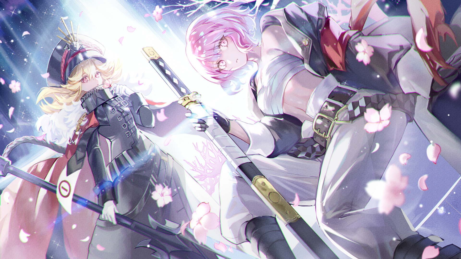 Two anime characters with swords and cherry blossoms HD Wallpaper