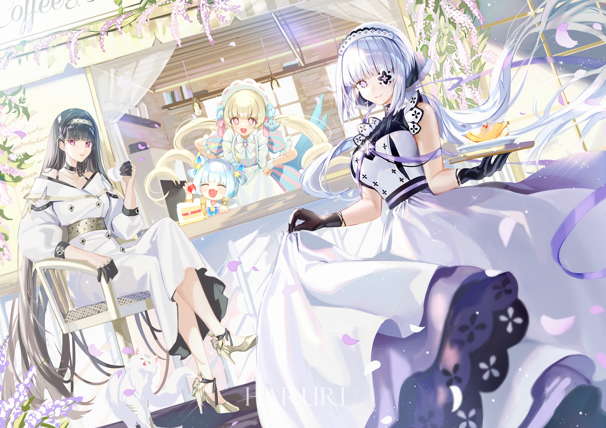 Anime girls in maid outfits at a cafe with flowers HD Wallpaper
