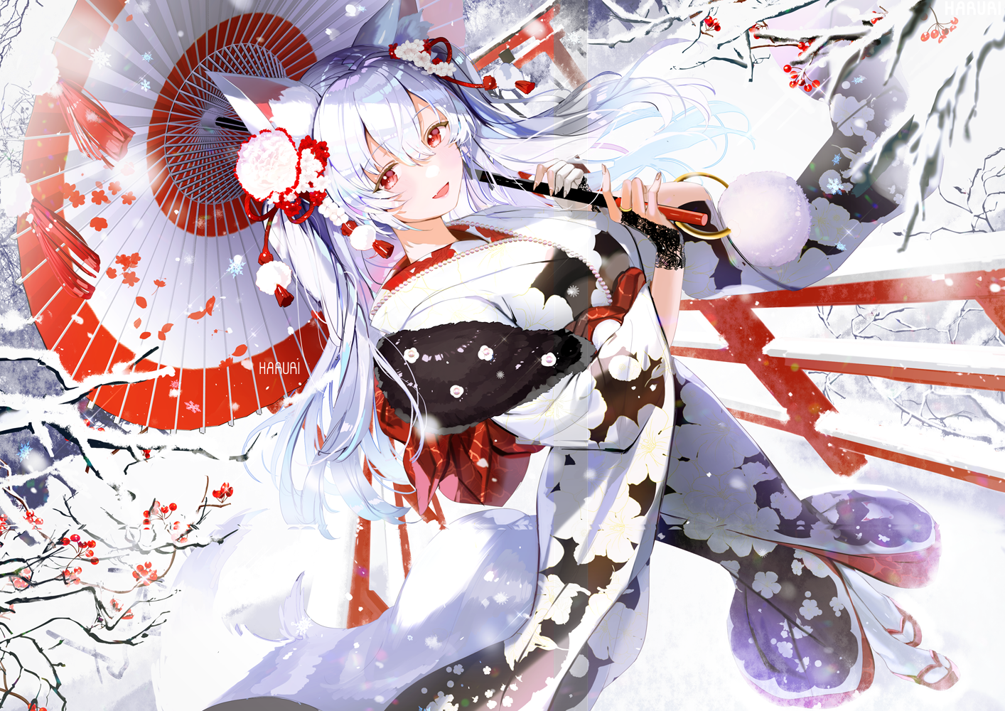 Fox girl in kimono holding an umbrella in the snow HD Wallpaper