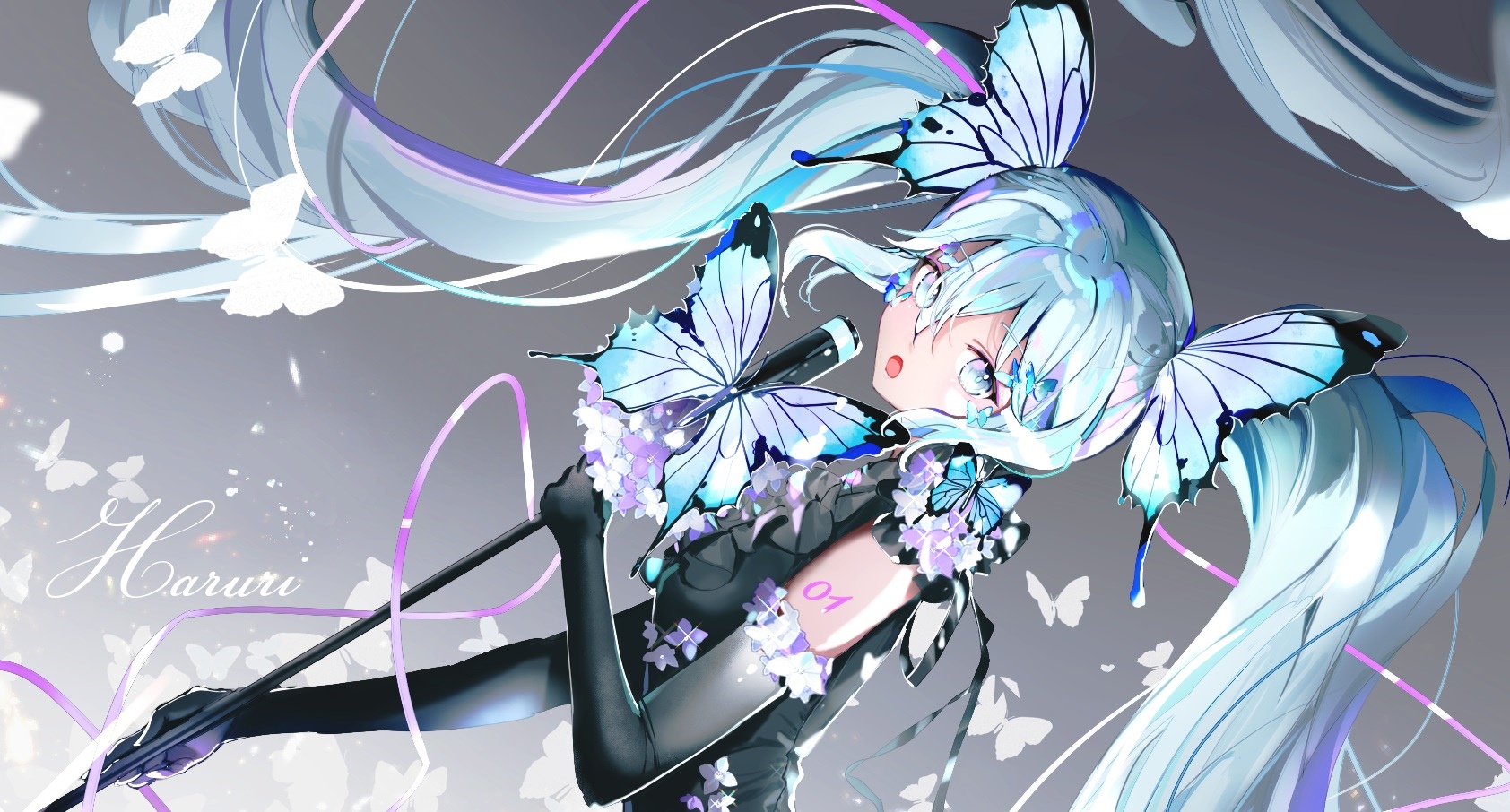 Hatsune Miku with Blue Butterflies and Microphone HD Wallpaper