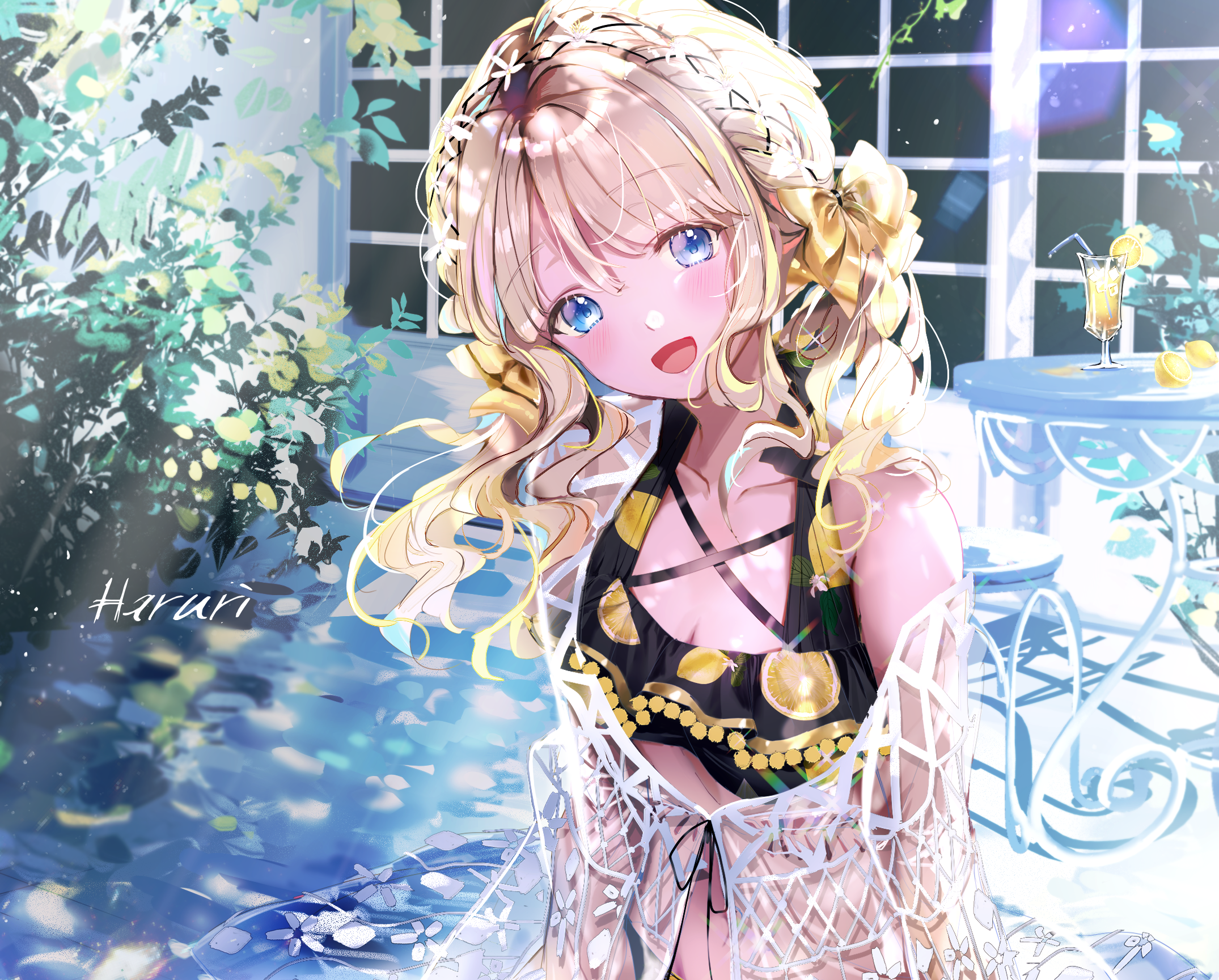 Haruri in a lemon-themed swimsuit by a table HD Wallpaper