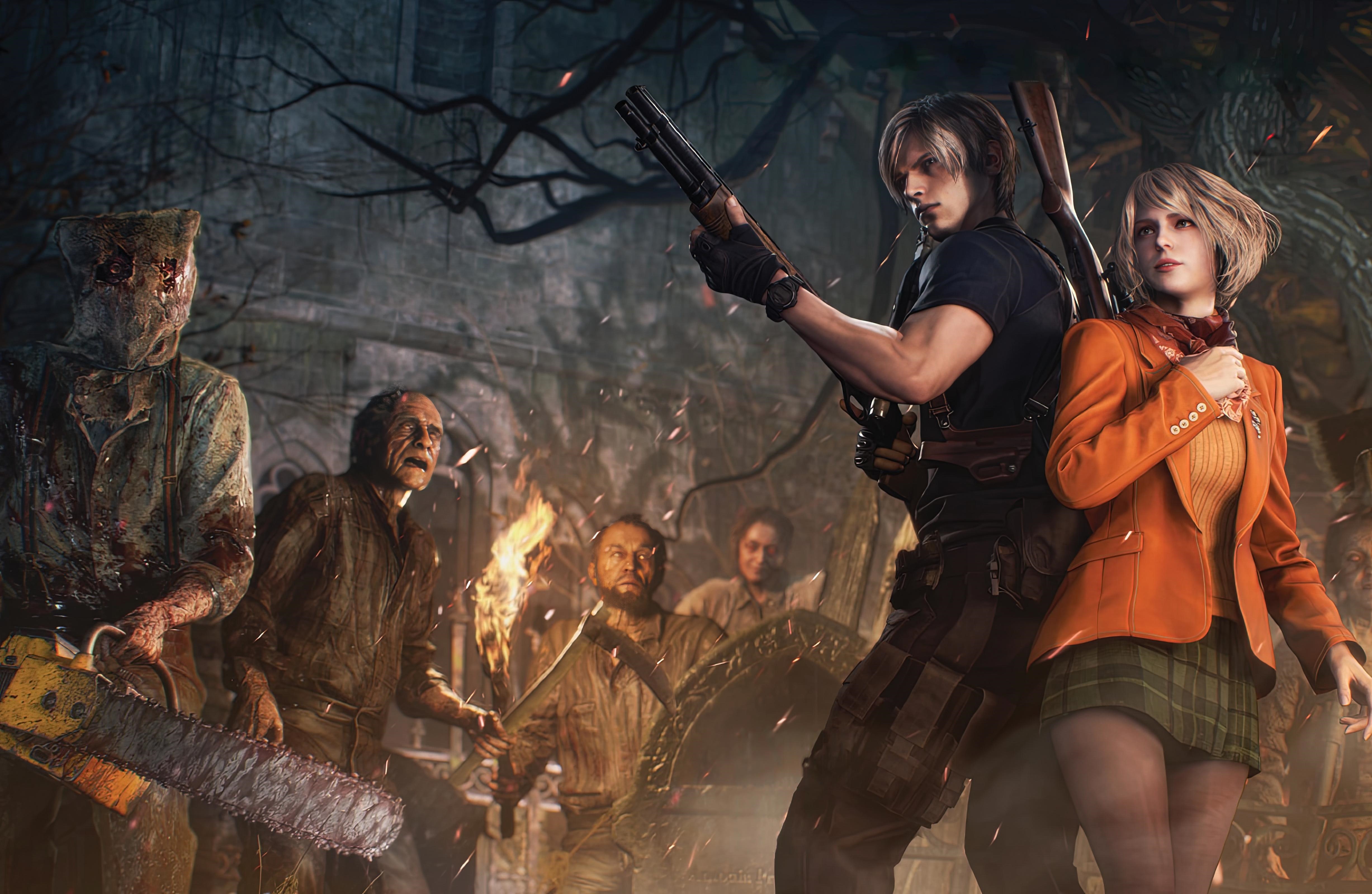 Resident Evil 4 Remake: Leon and Ashley surrounded by enemies HD Wallpaper