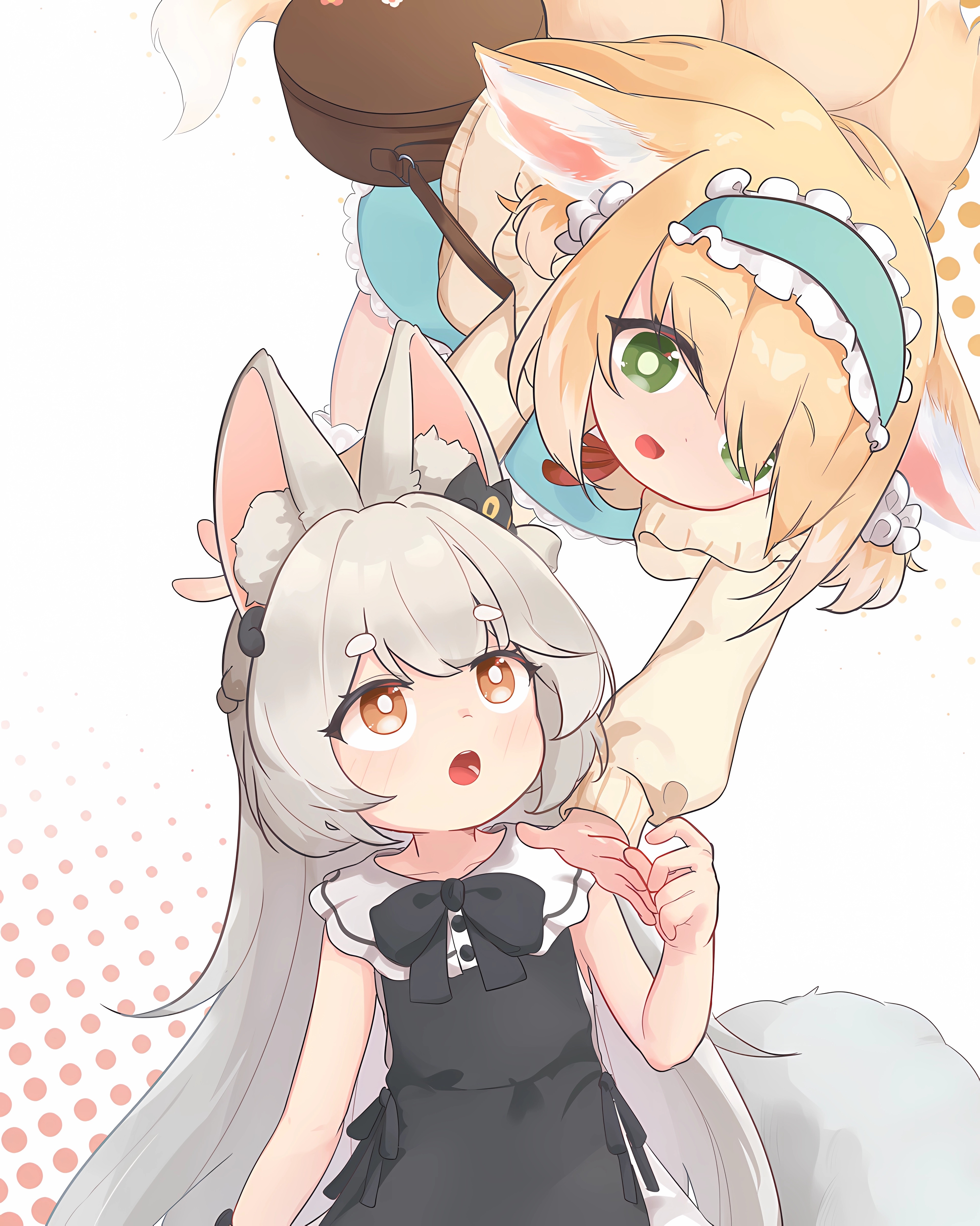 Two fox girls with animal ears and tails HD Phone Wallpaper