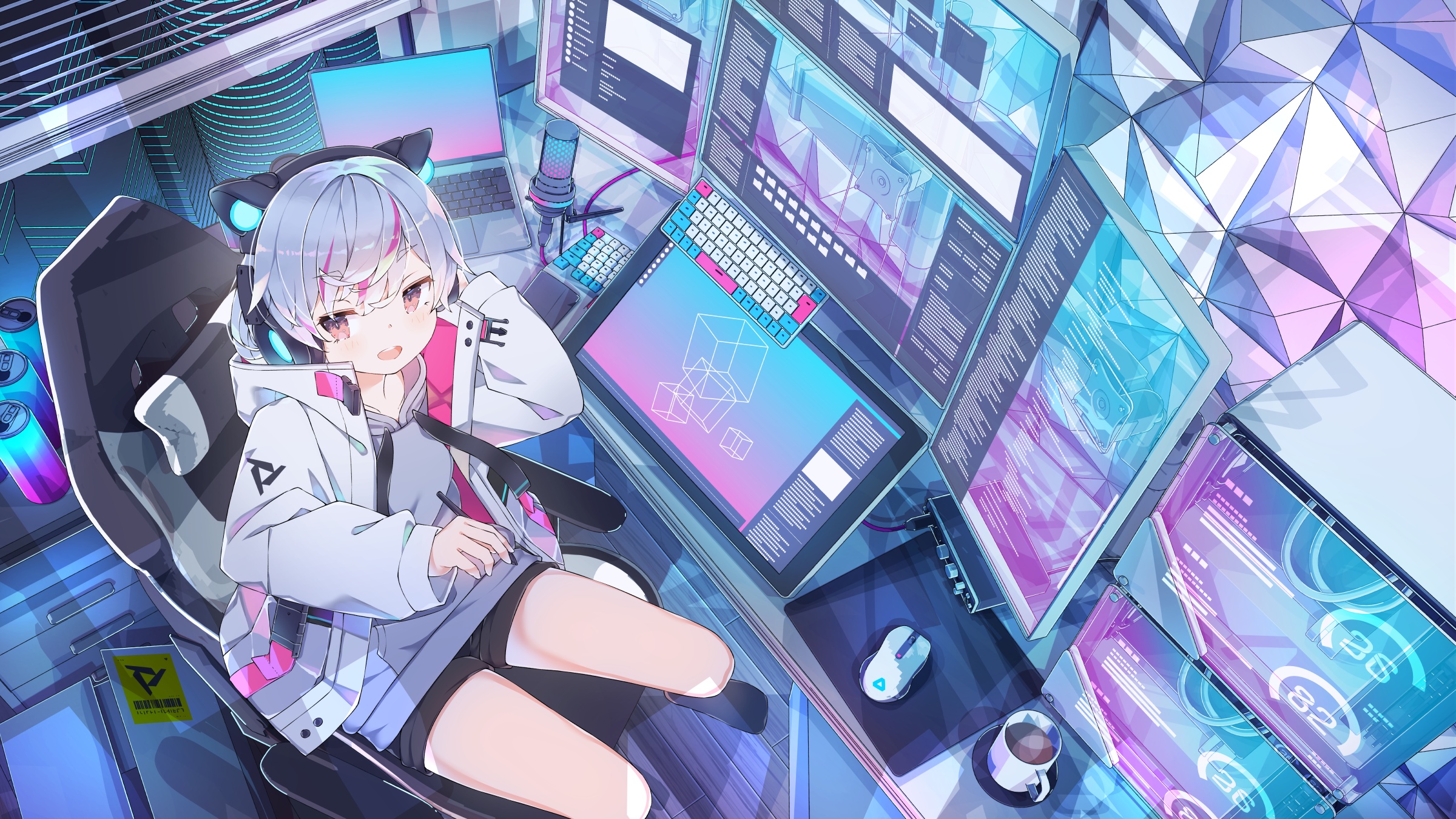 Girl with headphones at a computer desk with multiple monitors HD Wallpaper
