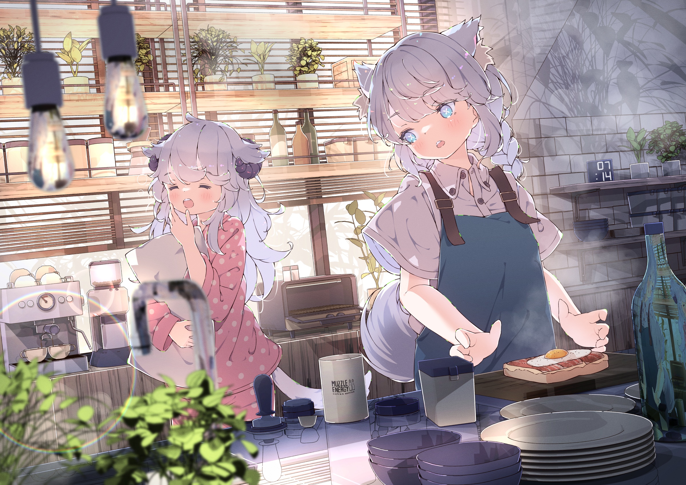 Two anime girls cooking breakfast in a kitchen HD Wallpaper